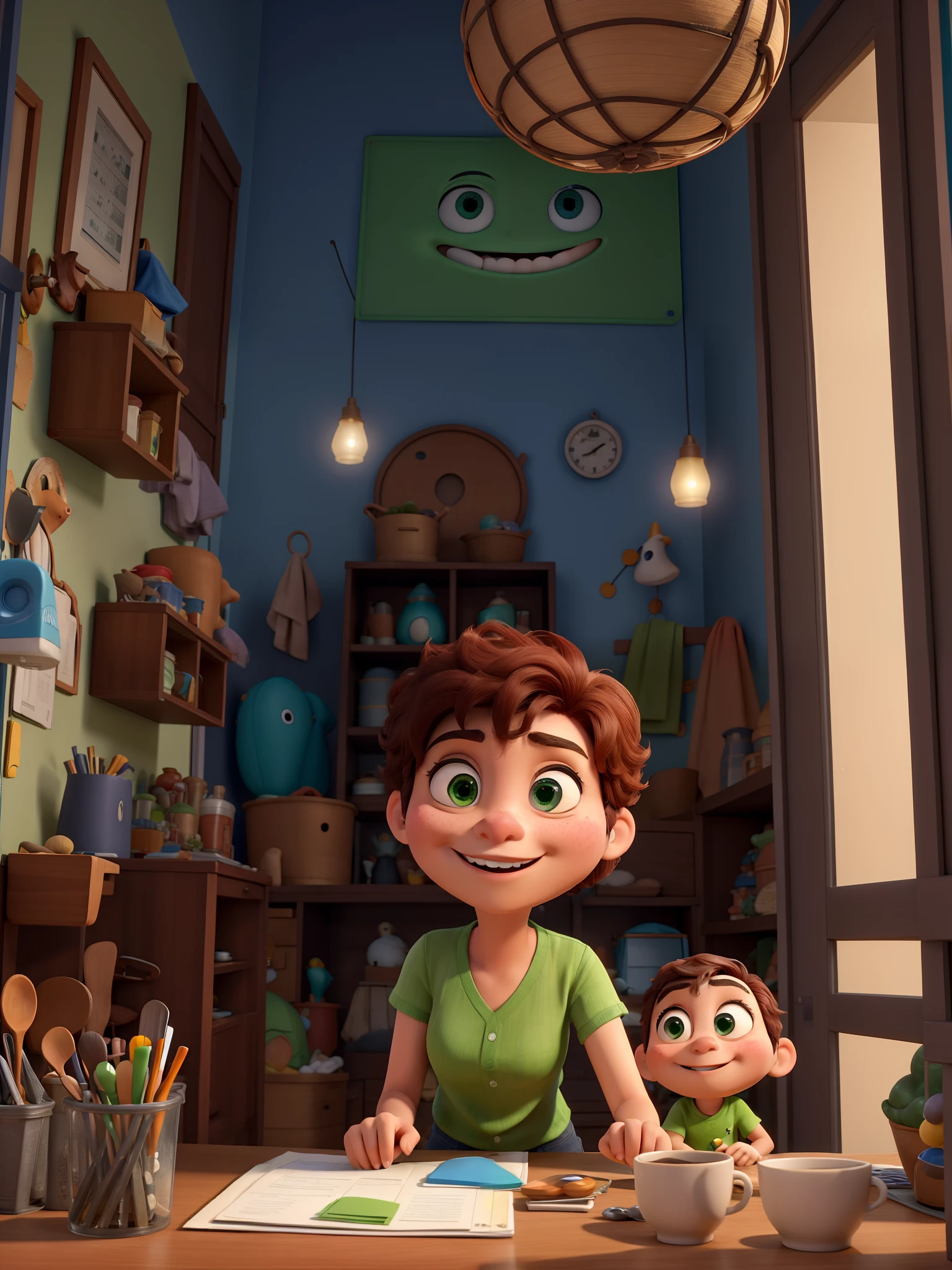 Imagem no estilo disney pixar 3d com uma mulher jovem branca de cabelos ruivos e olhos verdes e um jovem homem moreno latino/asiatico com barba curta e olhos puxados em um escritorio de arquitetura mexendo em um computador com a imagem de uma casa contemporanea