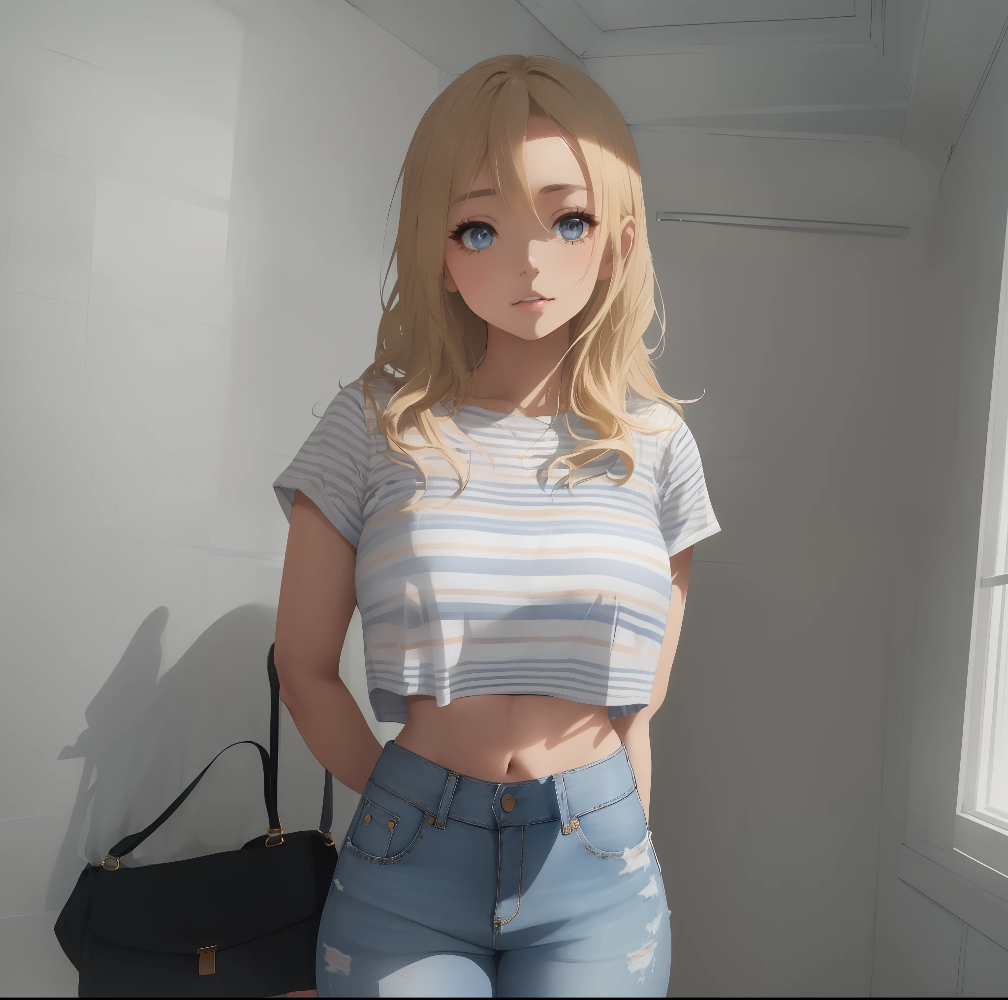 blonde woman in striped shirt and jeans standing in front of a window, wearing a cute top, wearing a sexy cropped top, sydney sweeney, 2 4 year old female model, wearing crop top, wearing a crop top, good young girl, dressed in a white t shirt, casual pose, wearing a cropped tops, wearing a cropped top, casual clothes, crop top