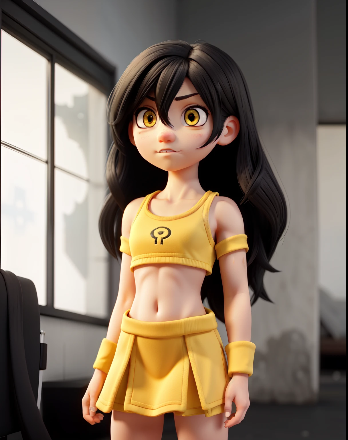 muscular girl black hair yellow eyes pale skin angry