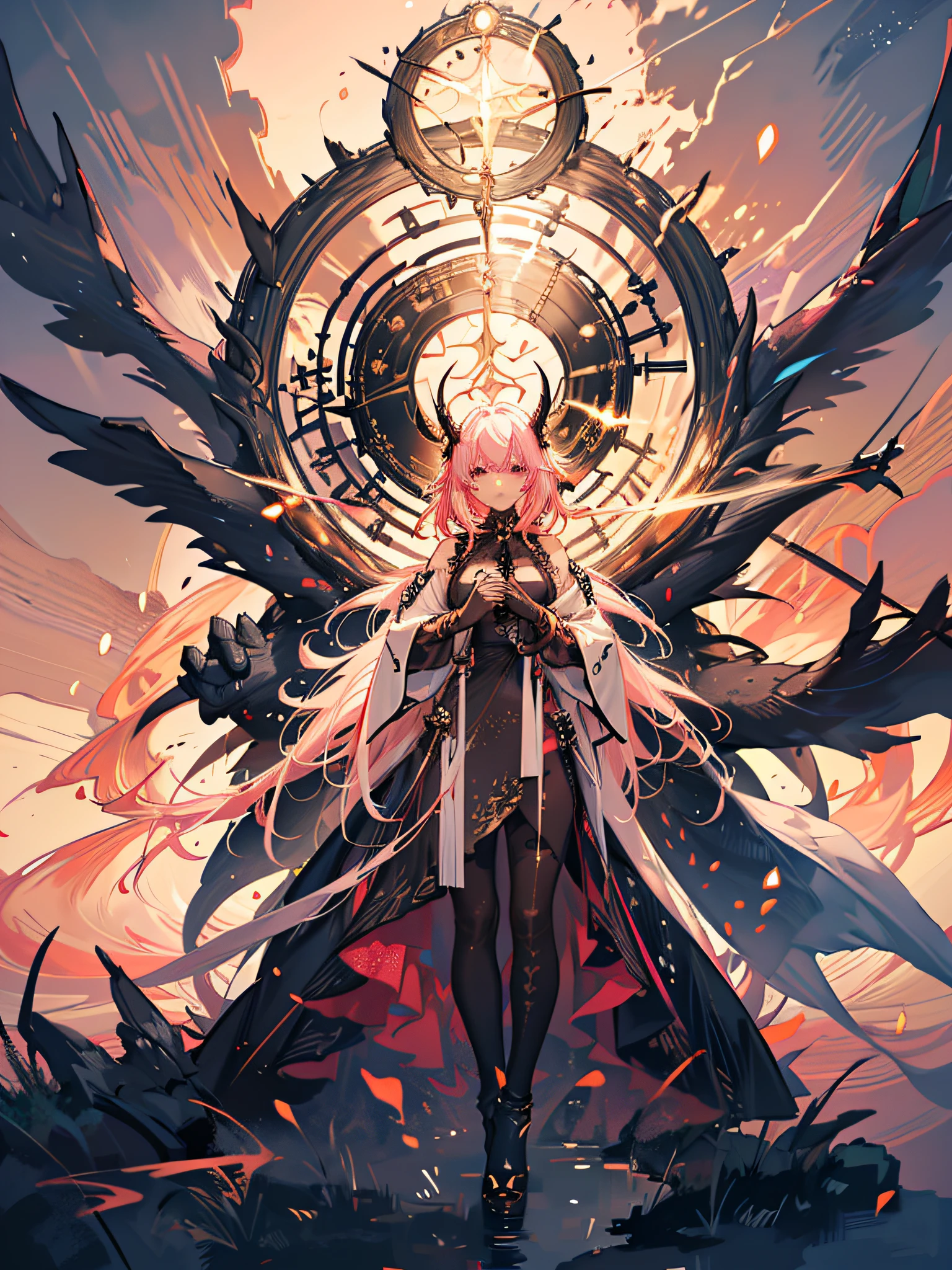 A girl with her head slightly down, (((the girl is the FINAL BOSS))), her face is very angry, big pink eyes, moving hair, long sideburns, long curled horns, final boss robes, walking on the waters, ripples where you step, possession pose, full body, {extremely detailed 16k CG unit wallpaper}, expansive landscape photography, (a low view with focus on the character and setting), (wide view of wide field), (low angle shot), (high light: 1.5), (low light: 1.4), (warm light source: 1.4), complex details, (iridescent colors: 1.8), (bright lighting), ( atmospheric lighting), dreamy, cinematic, unique