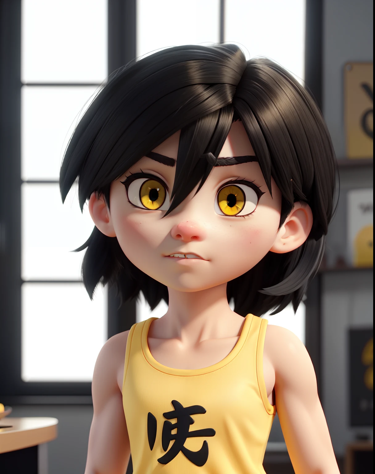 muscular girl black hair yellow eyes pale skin angry