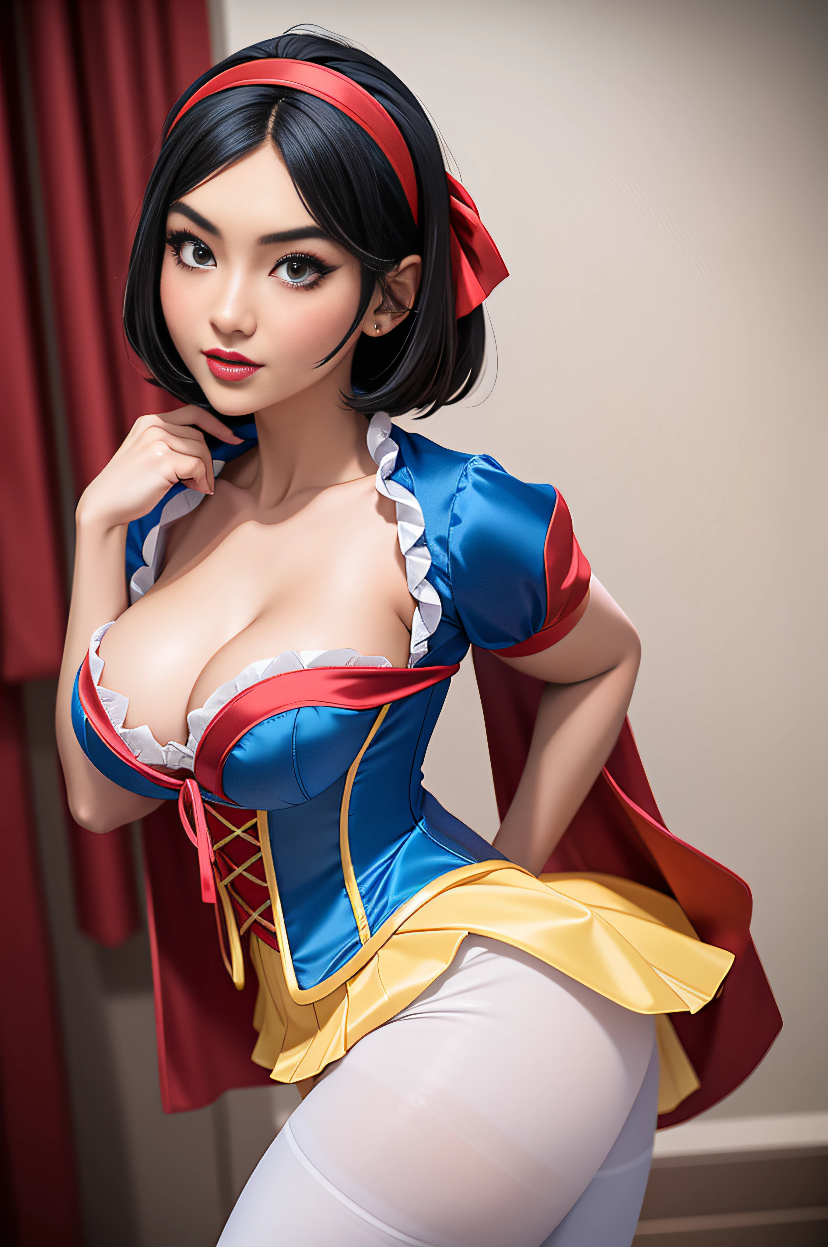 Beautiful Japanese 18 year old woman, wearing snow white cosplay, blue silk corset, red silk cape, yellow silk pleated skater skirt, white leggings, black bob hair, red hairband, large breasts, , masterpiece, photorealistic, amazing detailed face,