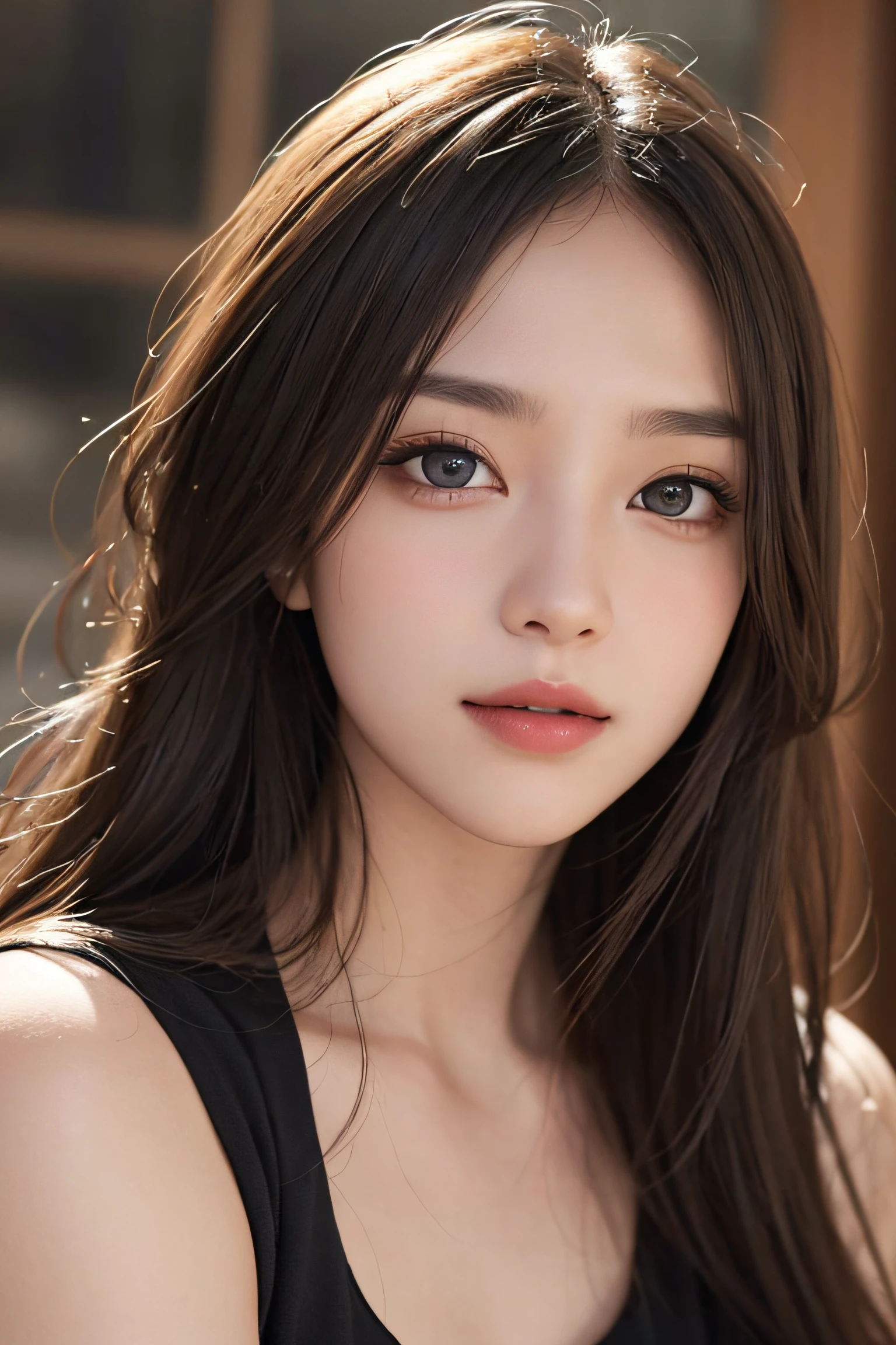 masutepiece, Top image quality, High quality, Beautiful woman, Popular Korean Makeup, Detailed, Swollen eyes, Detailed eyes, Detailed skin, Beautiful skin, 超A high resolution, (reality: 1.4), Very beautiful, Slightly younger face, Beautiful skin, slim, (Super realistic), (Illustration), (High resolution), (Very detailed) (Best Illustration), (Beautiful detailed eyes), (super detailed), (Wallpaper), (Detailed face), gaze at the audience, Fine details, Detailed face, pureerosfaceace_v1, Smile, Look straight ahead, Look straight ahead, angle from waist up, Realistic Photos, brightened light, Professional Lighting, Black hair (some green), Long hair, Dark ruins, Big Red Moon, Gorgeous red and black dress, Mature Woman, long and stylish bangs,