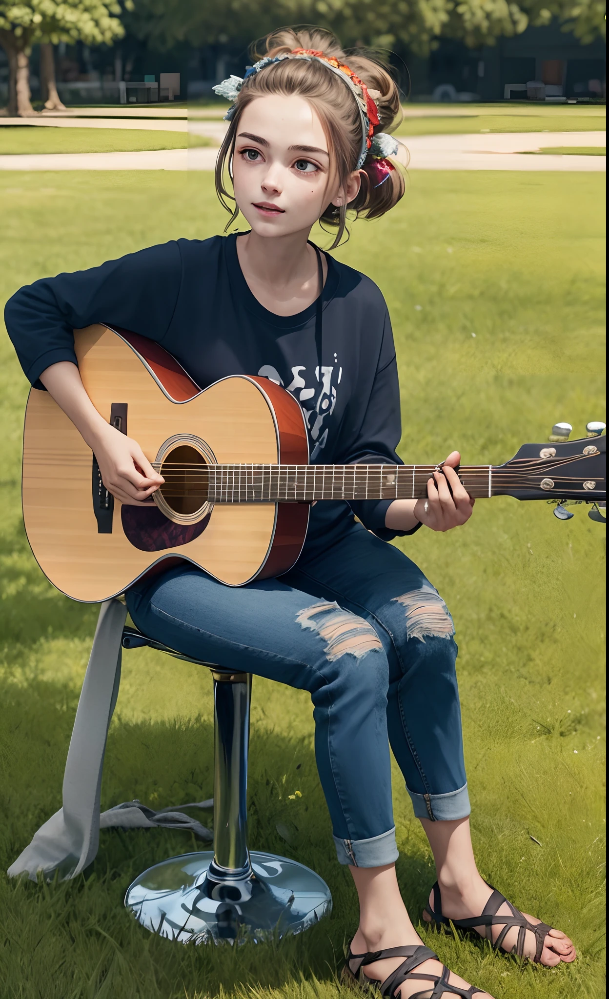 PIXAR Immagem of an 18-year-old music woman 
Sitting on the grass playing the guitar 
With a cap in her hair, cabelo preso