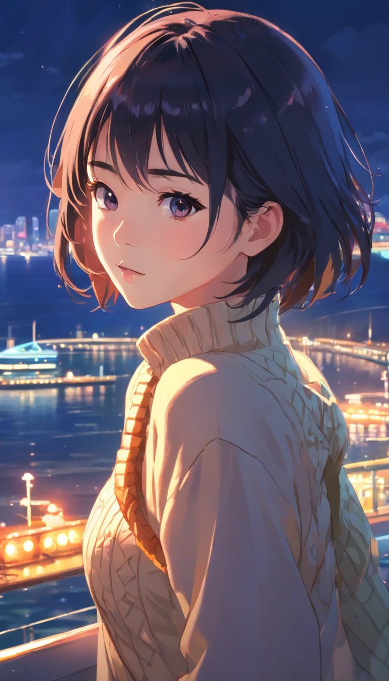 (The ultra -The high-definition、high-level image quality、8K、masterpiece:1.4)、Luxury liner、Scenery on deck、Night Cruises、Beautiful night view of the coast in the distance、Port of Yokohama、The season is late autumn、beautiful Korean women、Medium Layer Hairstyles、With beautiful black hair、In a sweater with an open chest、With Korean style makeup、On Zhang Ziyi's face、softfocus、
