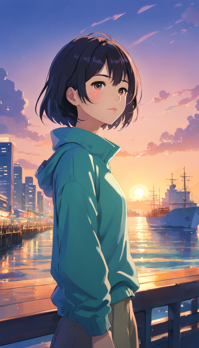 (The ultra -The high-definition、high-level image quality、8K、masterpiece:1.4)、Luxury liner、Scenery on deck、Night Cruises、Beautiful night view of the coast in the distance、Port of Yokohama、The season is late autumn、beautiful Korean women、Medium Layer Hairstyles、With beautiful black hair、In a sweater with an open chest、With Korean style makeup、On Zhang Ziyi's face、softfocus、