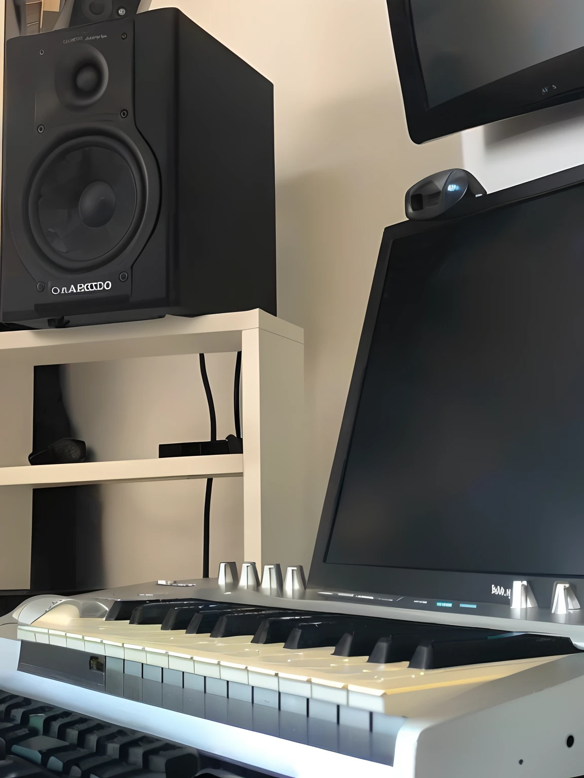 There's a laptop sitting on a desk with a keyboard and speakers, studio setup, computer setup, Studio Room, studio picture, urban music studio, studio recording, art workstation, studio lit, Studio photo in style, studio backdrop, Studio shot, Professional studio, in his basement studio, in a studio, Cabos e monitores, monitores flutuantes