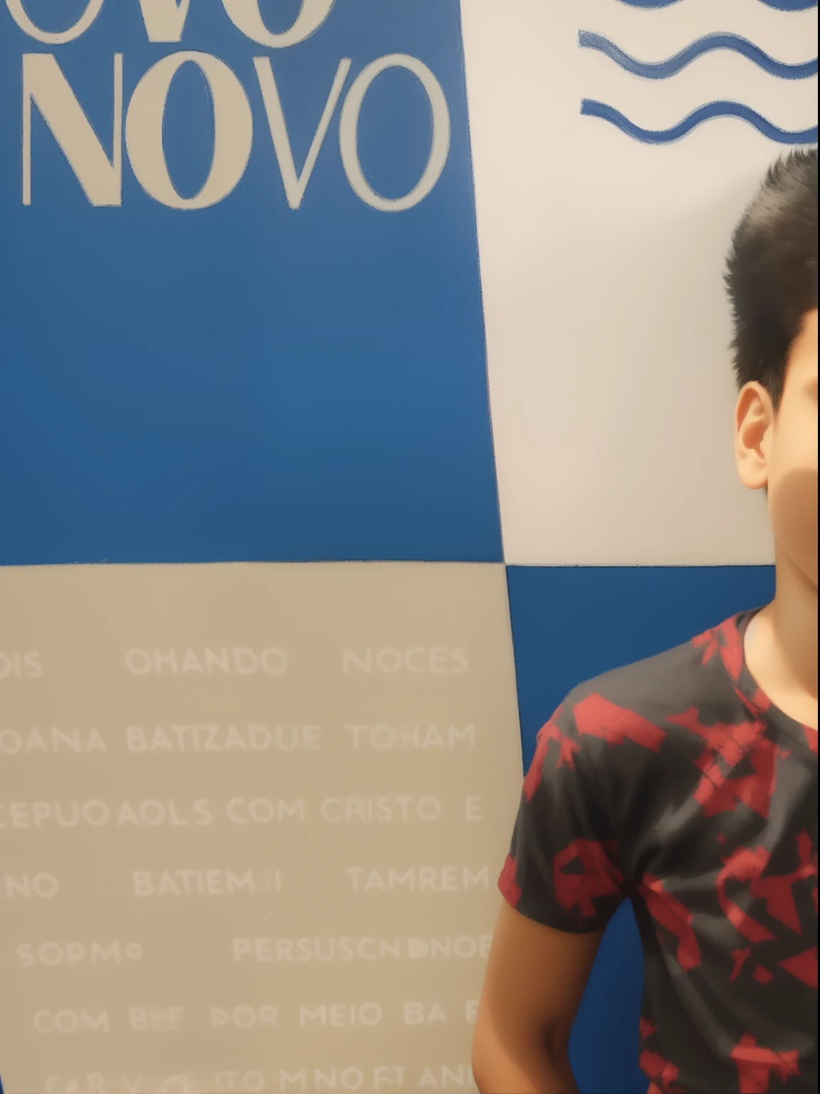 there is a young boy standing in front of a blue and white banner, by Nándor Katona, caio santos, by Samuel Silva, lucas graziano, by Emerson Silva, by Giorgio Cavallon, icaro carvalho, by Amelia Peláez, by Jacob Steinhardt, carmelo blandino, mateus 9 5