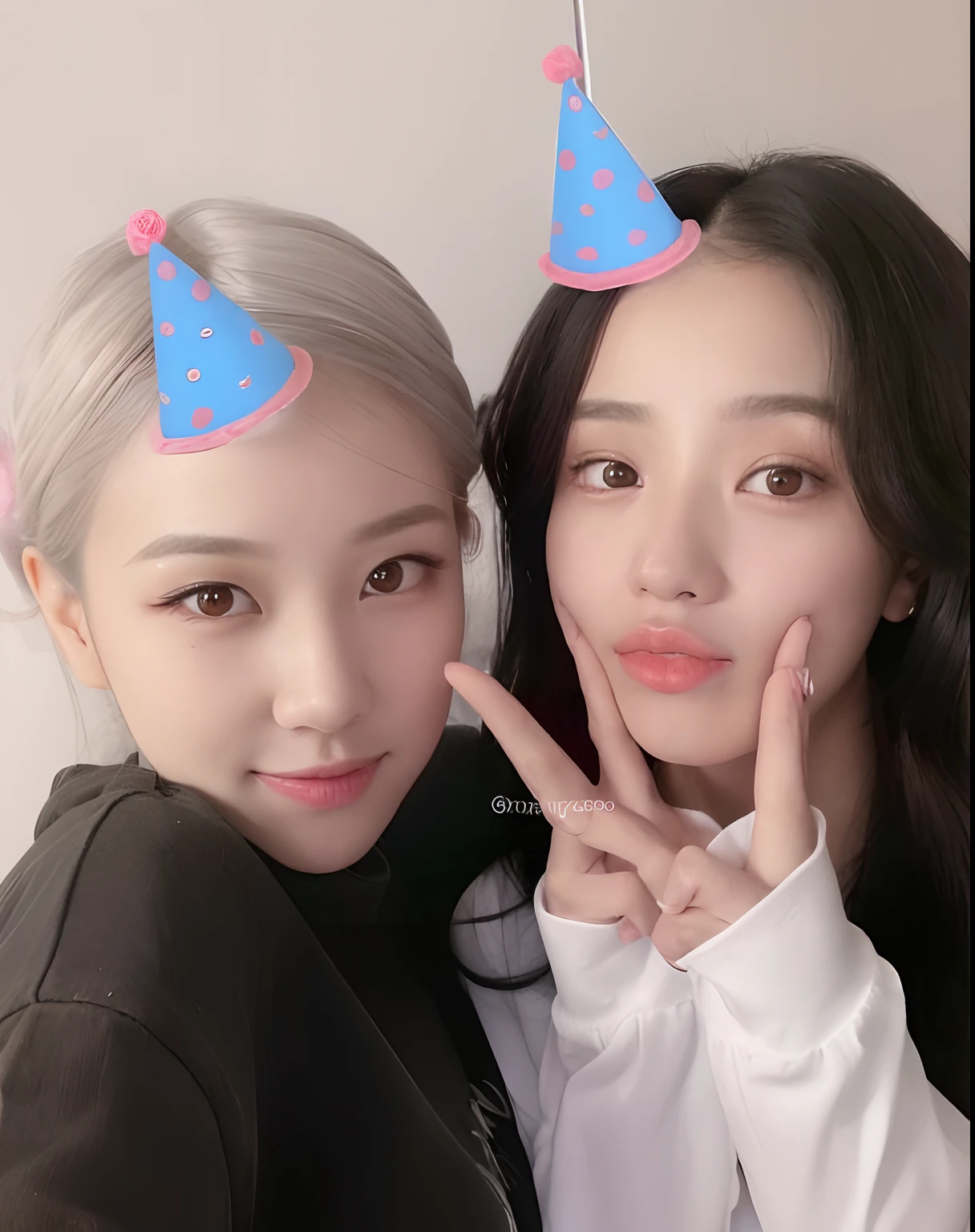 Two young women pose for a photo with their birthday hats, happy birthday, duas vezes, Birthday, jisoo do rosa preto, 8k)), Jisoo do Blackpink, Ulzzang, 📷 Mungojerrie e Rumpleteazer, com bonito - fino - rosto, jossi do rosa preto, com hera, rosa preto, Nixeu e Sakimichan, UUWU