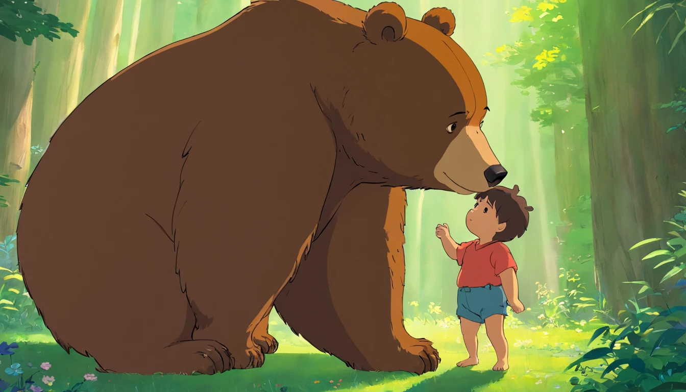 A brown daddy bear guiltily apologizes to the brown baby bear,The picture is warm,vibrant with colors,Illustration style