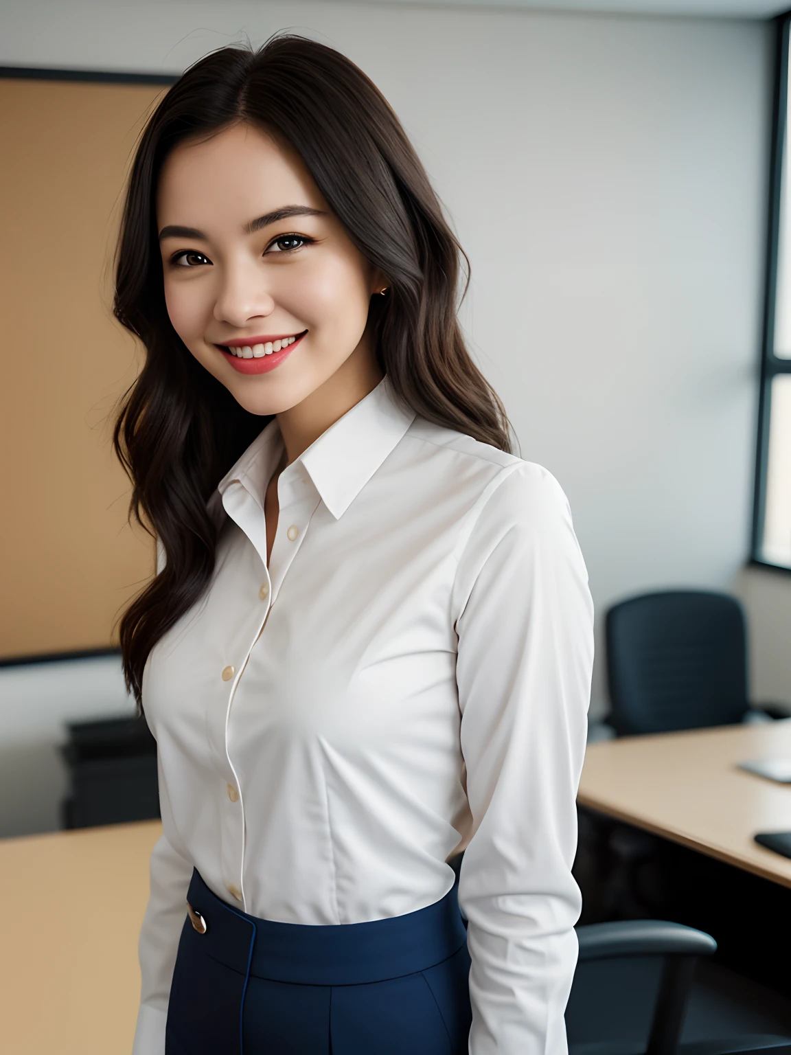 pixarstyle a waist-length portrait of a young woman in a office shirt, smile, office, natural skin texture, 4k textures, hdr, intricate, highly detailed, sharp focus, cinematic look, hyperdetailed