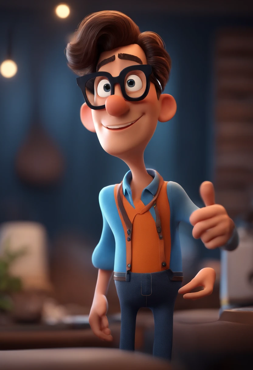 Cartoon character of a man with black glasses and a blue shirt, animation character, Caractere estilizado, animation style rendering, 3D estilizado, Arnold Maya render, 3 d render stylized, toon render keyshot, Personagem 3D, Personagem 3D, 3d rendering stylized, 3 d character render, personagem de desenho animado, Personagem de close up, Pose de personagem, (Estilo Pixar) (master part:1.2) (Bokeh) (best quality) (pele detalhada) (textura detalhada) (8k) (argila) (Cinematic lighting) (foco nítido