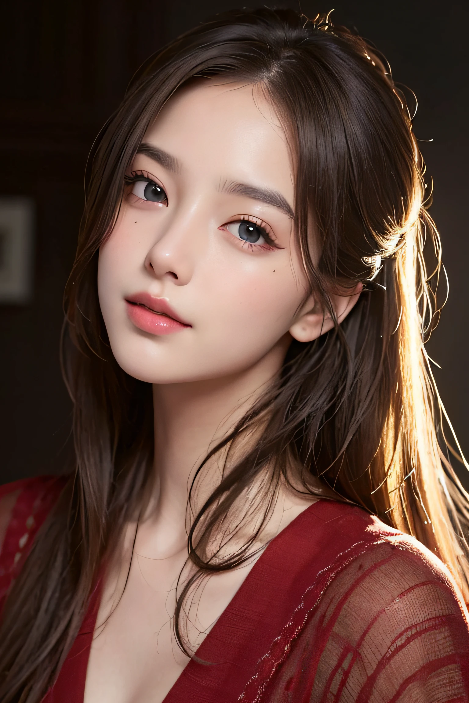 masterpiece, best picture quality, high quality, beautiful girl, Japanese, Japanese school girl, popular Korean makeup, detailed, swollen eyes, detailed eyes, detailed skin, beautiful skin, ultra high resolution, (reality: 1.4), very beautiful, slightly younger face, beautiful skin, slender, (ultra realistic), (illustration), (high resolution), (8K), (highly detailed), (best illustration), (beautifully detailed eyes), (super detailed), (wallpaper), (detailed face), looking at viewer, fine details, detailed face, pureerosfaceace_v1, smiling, looking straight ahead, looking straight ahead, angle from waist up, realistic photo, bright lighting, professional lighting, blonde, long hair, dark abandoned, big red moon, gorgeous red and black dress, mature woman,キスショット・アセロラオリオン・ハートアンダーブレード