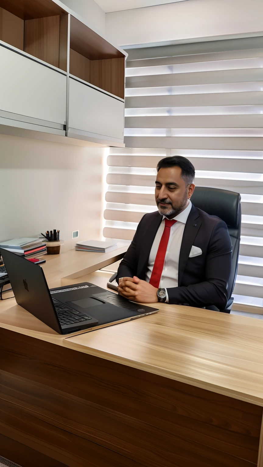 there is a man sitting on a table with a laptop, Advogado curdo, in office, eliran kantor, sentado no cargo, at office, Kyza Saleem, Linha Yesilbas, Emad Mostaque, Khyzyl Saleem, CEO, imagem de perfil, foto de perfil profissional, Postagem no Reddit, working in an office, instagram post