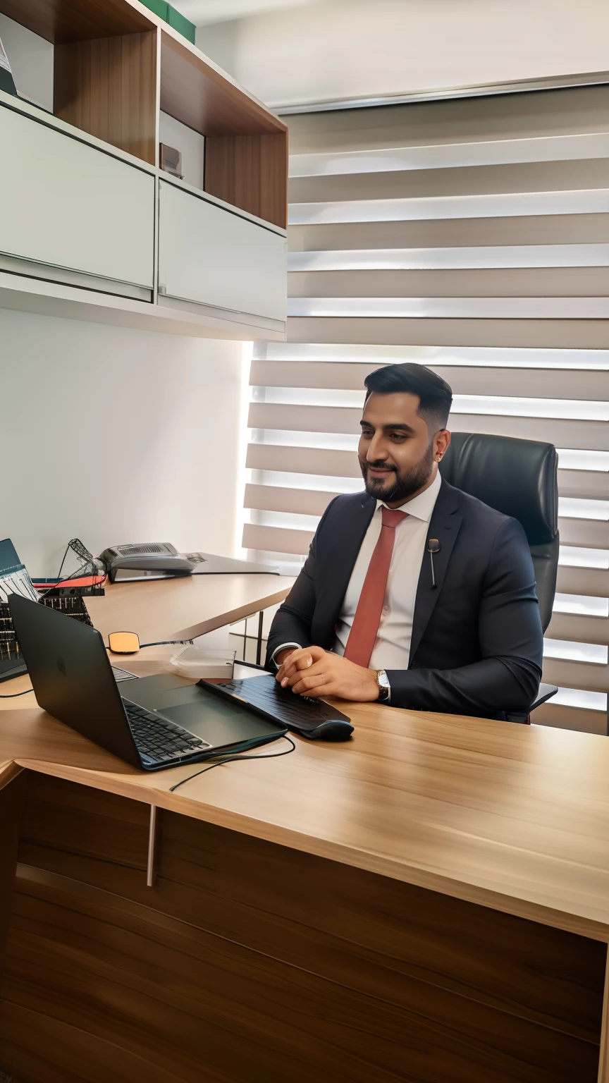 there is a man sitting on a table with a laptop, Advogado curdo, in office, eliran kantor, sentado no cargo, at office, Kyza Saleem, Linha Yesilbas, Emad Mostaque, Khyzyl Saleem, CEO, imagem de perfil, foto de perfil profissional, Postagem no Reddit, working in an office, instagram post