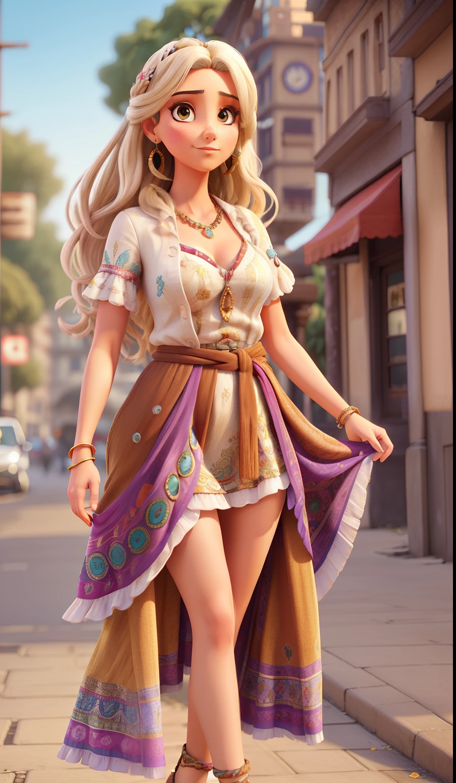 Fotografia profissional mestre, Beautiful woman in bohemian dress and accessories,cabelos longos e pretos, olhos pretos tambem, olhando para frente,  texturas e detalhes extremos, foto de retrato de corpo inteiro, bohemian city landmarks background,