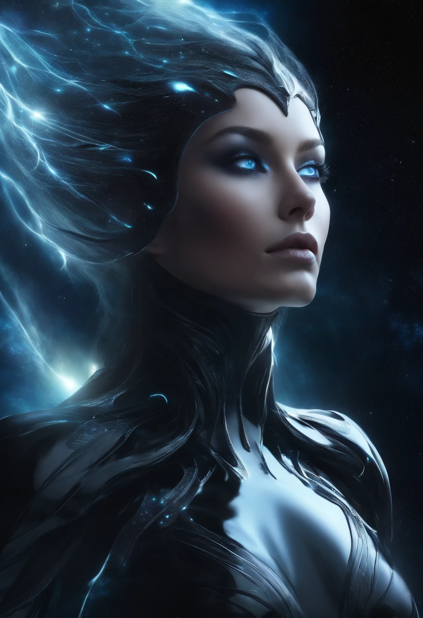 Female cosmic creature, jet black colored, white glowing eyes, emitting dark energy beams, floating in outer space