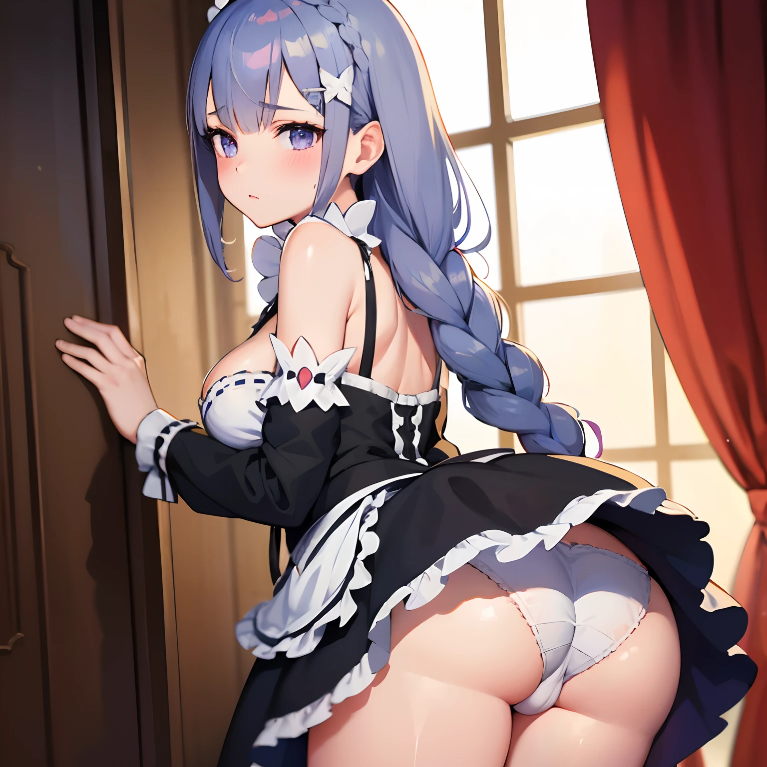 beautiful, masterpiece, best quality, extremely detailed face, perfect lighting, roswaal mansion maid uniform, 1girl, emilia, cleavage, breasts, from behind, purple eyes, long hair, braid, ass, panties pulled down, pussy, blush