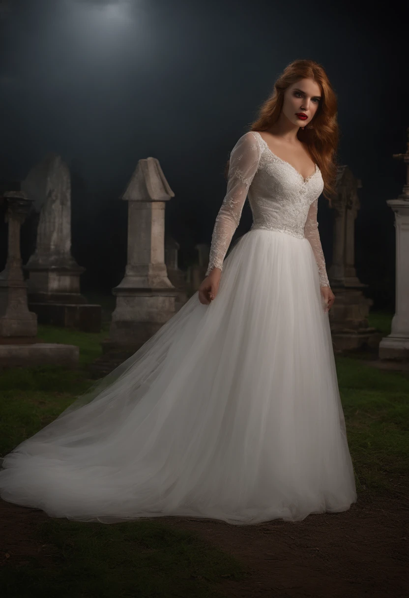 Cinematic images from the horror film Mario Bava, Full medium close-up, uma linda mulher de 18 anos parecida com Bella Thorne, longos cabelos ruivos, Pale and soft skin, rosto bonito e jovem, Sobrancelhas bem definidas, Olhos azuis claros, nariz delicado, plump, round lips, walks in a gothic cemetery at night wearing a white wedding dress, Fog and rainy condition, ghostly atmosphere, Anos 1600, (Alto Detalhe da Pele: 1.2), ultra-detalhado, photo-realistic, profundidade de campo, Cinematic lighting, imax camera, HDR, DTM, Full HD, 8k