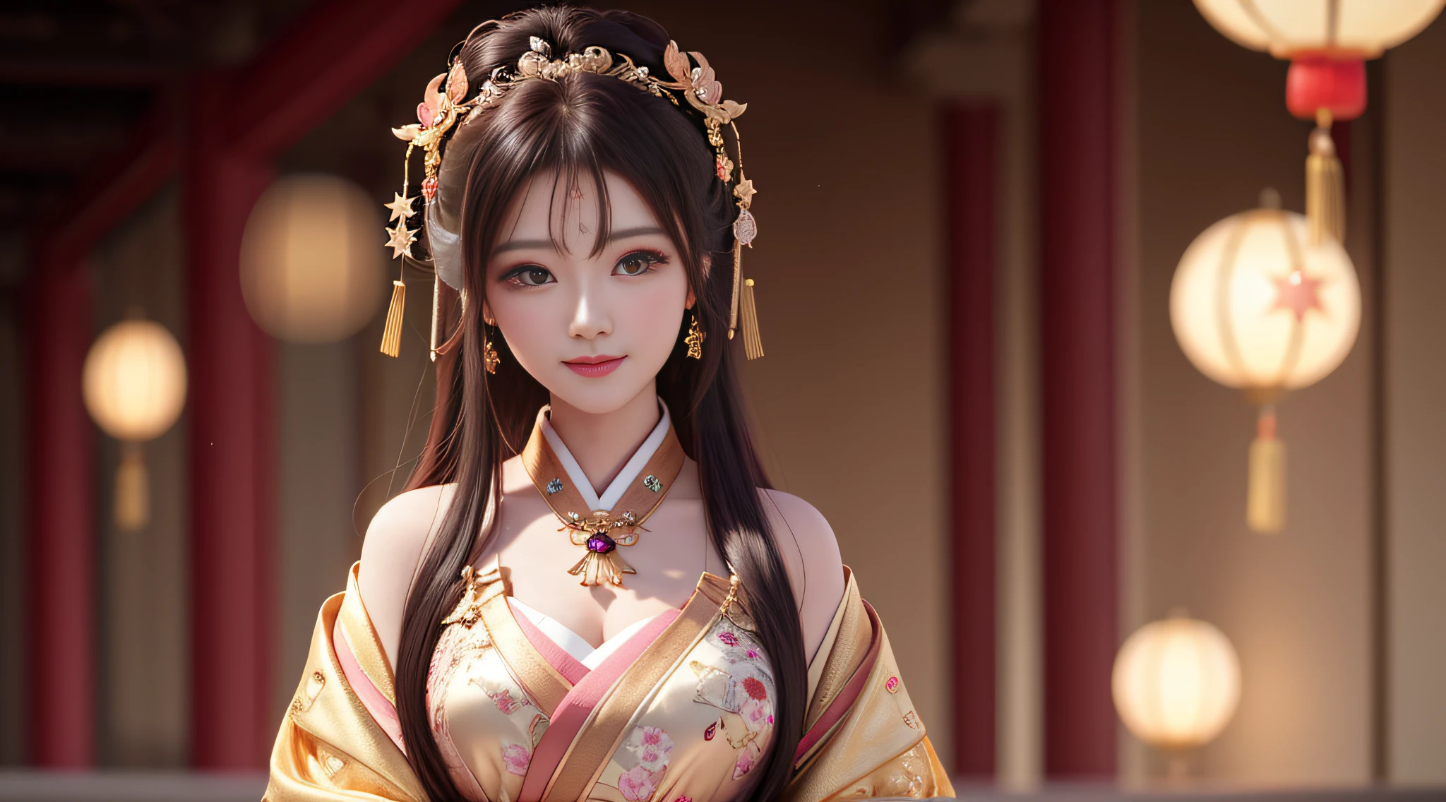 Gentle and charming Chinese beautiful woman, half-length photo, delicate and sexy collarbone, charming oval face, double eyelids, vivid peach blossom eyes, pink lips, small nose, bare shoulders, focused face, face close-up, ultra-high-definition, Super details, elegant standing posture, Korean style puff sleeve square collar slim short shirt, matched with high waist light-colored jeans suit