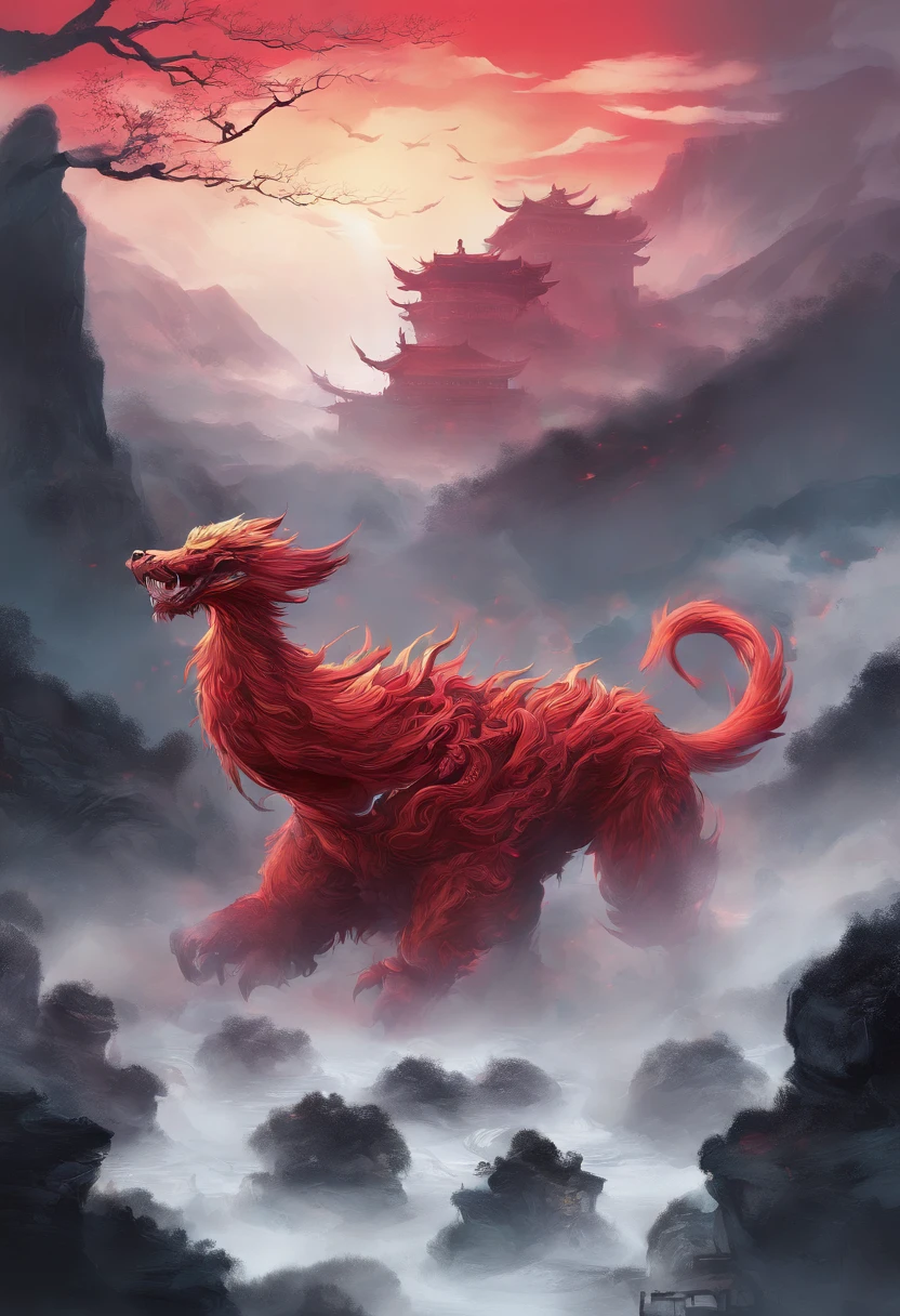 China-style,Chinese mythology,drak,tosen,Fierce,gargantuan,Very long canine teeth, The eyes glow red,glowing effect,High hills,Cloud fog,is in night