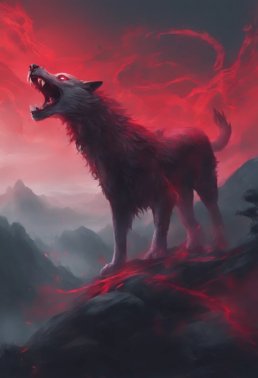 China-style，Chinese mythology，drak，tosen，Fierce，gargantuan，Very long canine teeth, The eyes glow red，glowing effect，High hills，Cloud fog，is in night