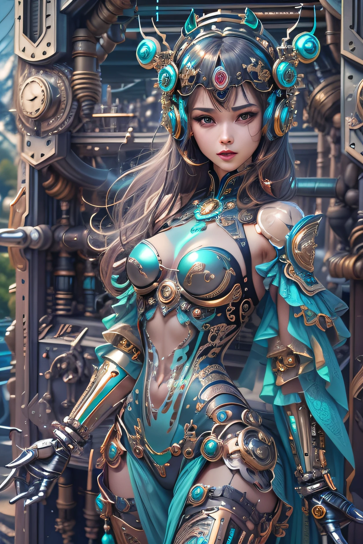(Best quality, A high resolution, Ultra-detailed), [(A metal mechanical sexy woman),Complex and intricate mechanical structure.Brilliant and vibrant colors,Metallic texture and shiny surface],blue-sky,baiyun,Background with。