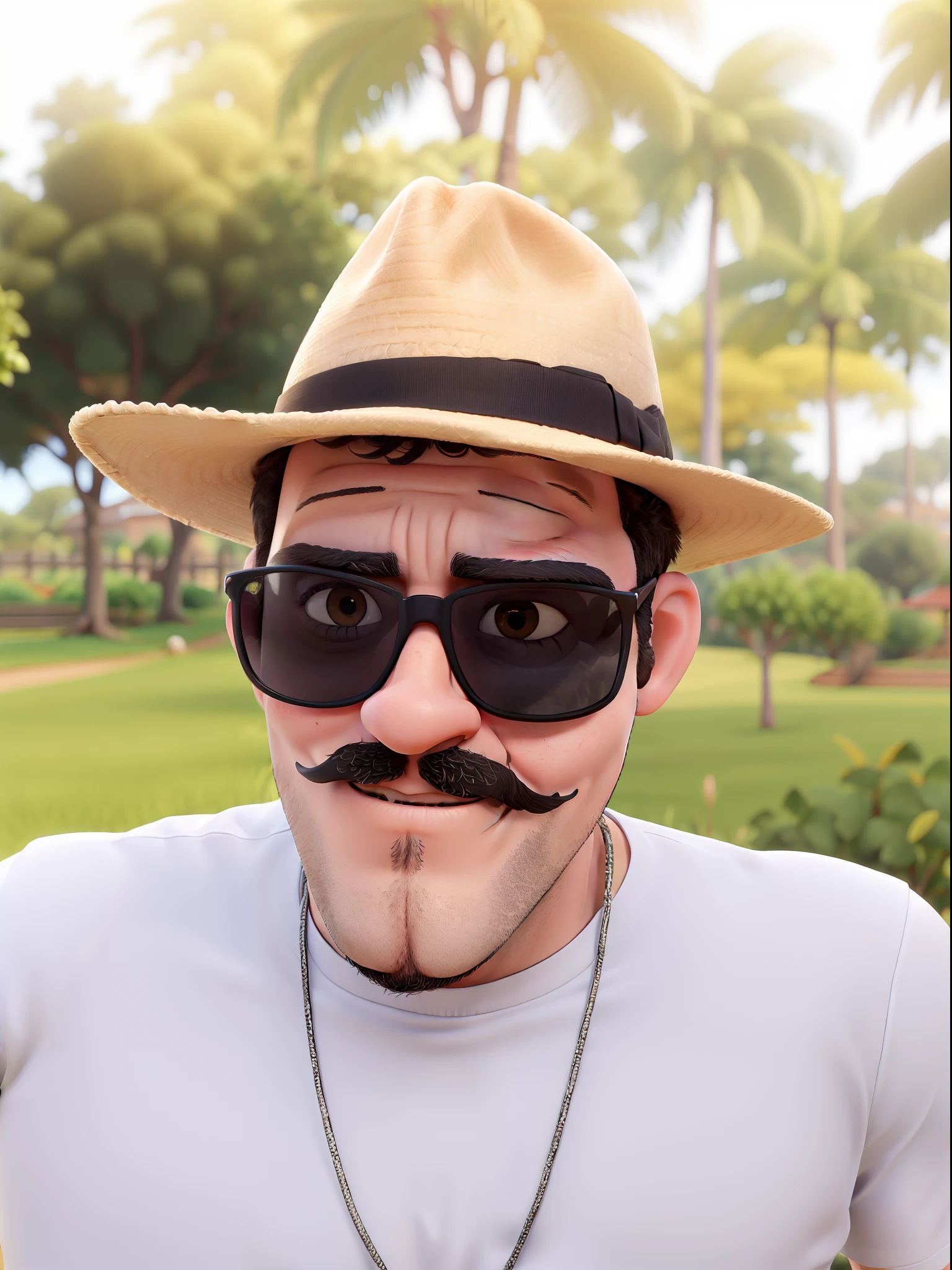 Obra-prima, de melhor qualidade, A young 34 year old man in sunglasses and black fedora hat, vestindo uma camisa branca, em um parque, com bigode moustache.