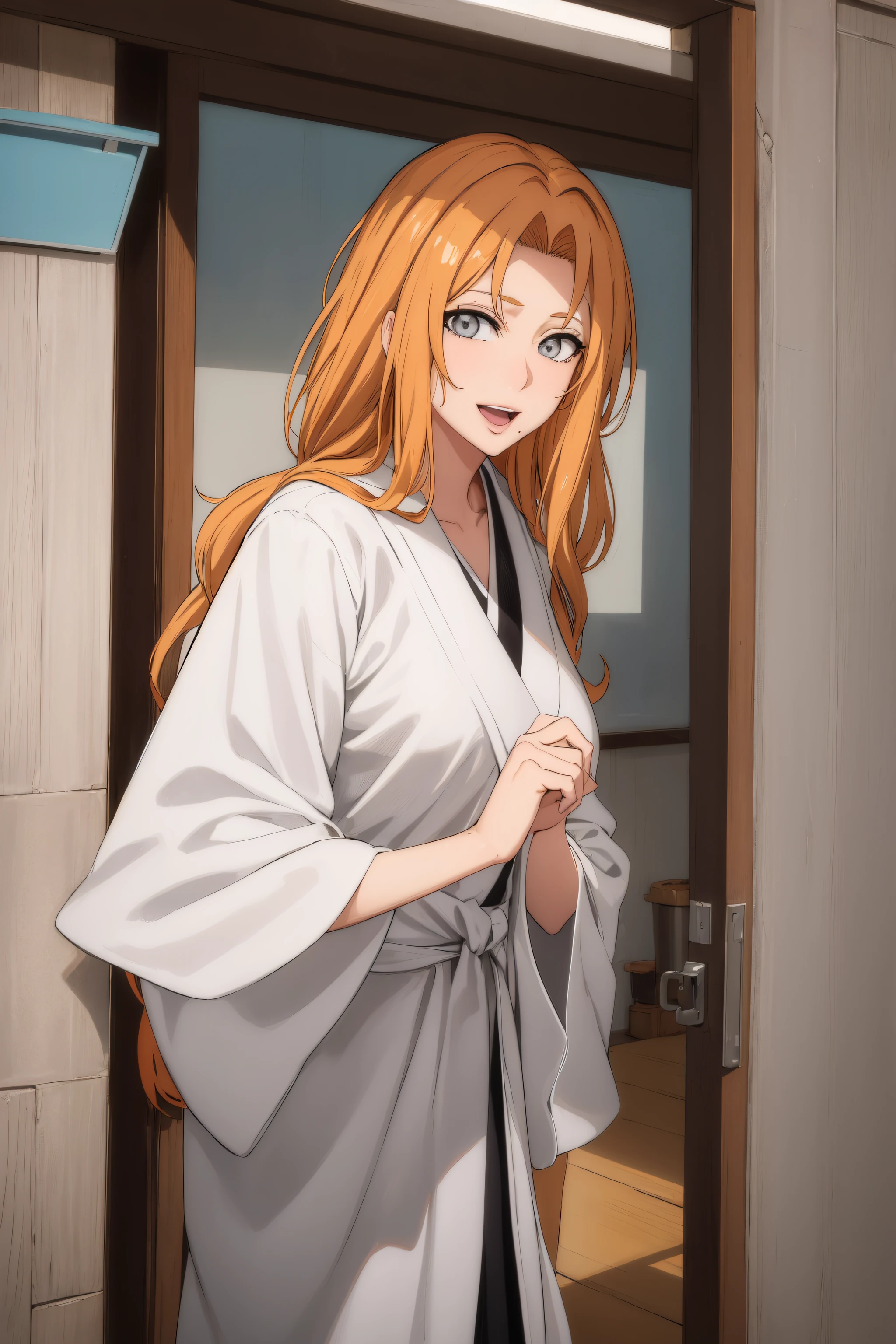 rangikumatsumoto, rangiku matsumoto, long hair, (grey eyes:1.5), orange hair, mole, mole under mouth, parted bangs, open mouth, smile,
BREAK wearing White_kimono,
BREAK indoors, classroom,
BREAK looking at viewer, (cowboy shot:1.5),
BREAK (masterpiece:1.2), best quality, high resolution, unity 8k wallpaper,NSFW ,(illustration:0.8), (beautiful detailed eyes:1.6), extremely detailed face, perfect lighting, extremely detailed CG, (perfect hands, perfect anatomy),