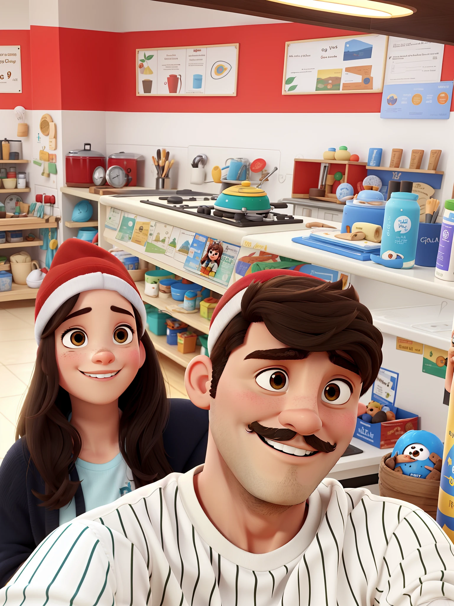 Casal de jovens felizes, apaixonados, os dois com gorros de natal, em um lugar lindo, homem com bigode delicado, with fine, brown hairs, with hair on his chin, mulher de cabelos pretos, olhos negros, com uma qualidade ultra, detalhados estilo Pixar/Disney