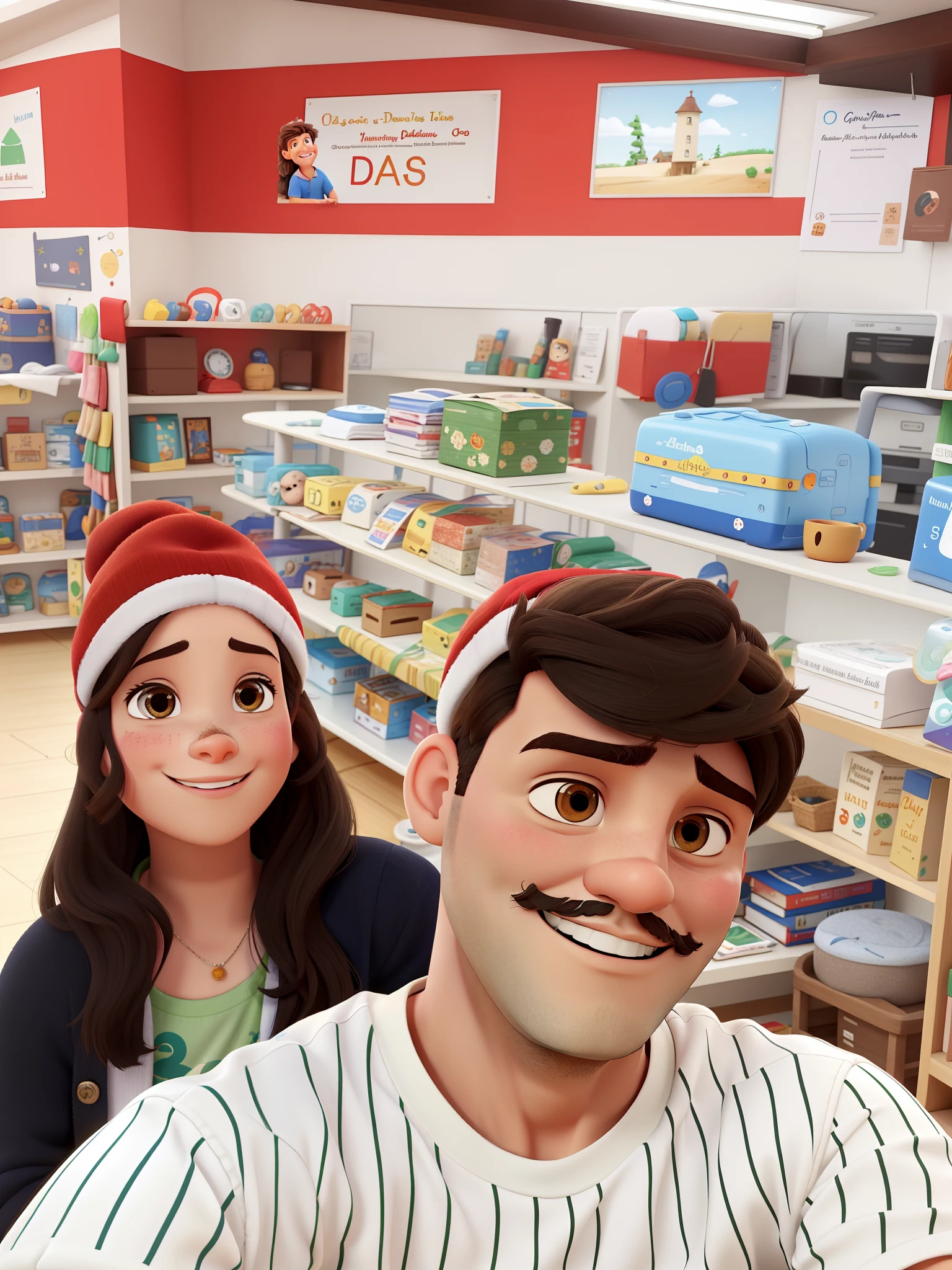 Casal de jovens felizes, apaixonados, os dois com gorros de natal, em um lugar lindo, homem com bigode delicado, with fine, brown hairs, with hair on his chin, mulher de cabelos pretos, olhos negros, com uma qualidade ultra, detalhados estilo Pixar/Disney