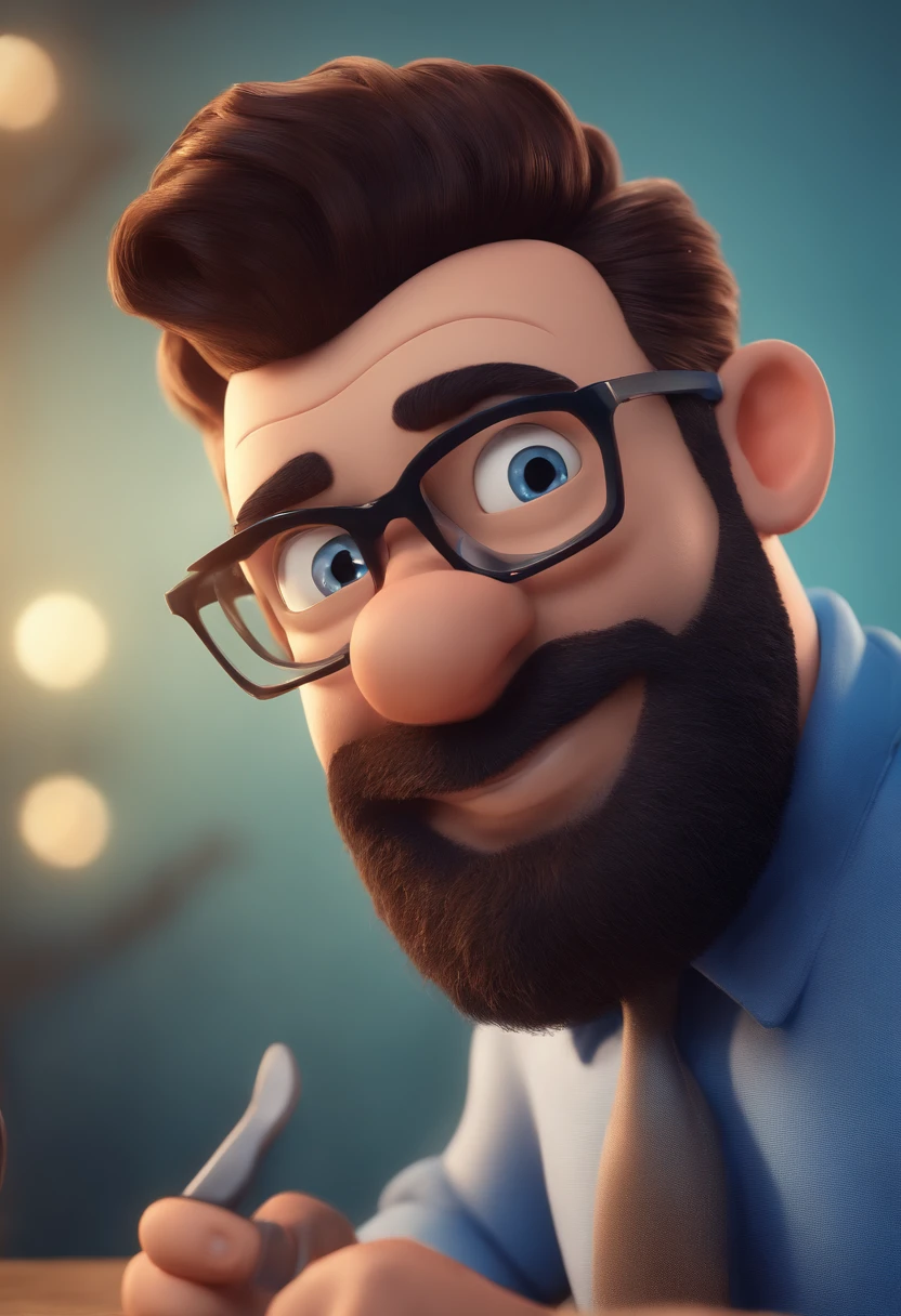 Cartoon character of a man with black glasses and a blue shirt, animation character, Caractere estilizado, animation style rendering, 3D estilizado, Arnold Maya render, 3 d render stylized, toon render keyshot, Personagem 3D, Personagem 3D, 3d rendering stylized, 3 d character render, personagem de desenho animado, Personagem de close up, Pose de personagem, (Estilo Pixar) (master part:1.2) (Bokeh) (best quality) (pele detalhada) (textura detalhada) (8k) (argila) (Cinematic lighting) (foco nítido