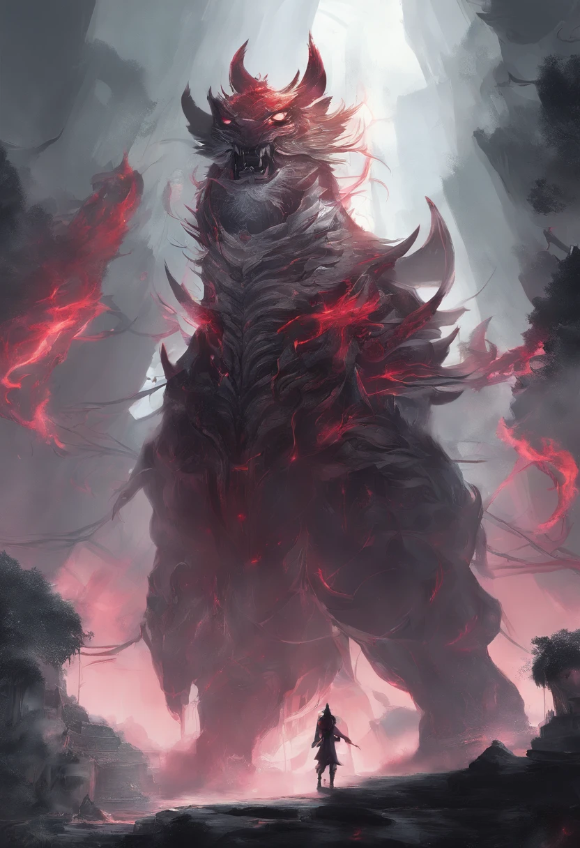 China-style,Chinese mythology,drak,tosen,Fierce,gargantuan,Very long canine teeth, The eyes glow red,glowing effect,High hills,Cloud fog,is in night,中景 the scene is,Whole body as, highly detailed surreal vfx,OC Render, - AR 16:9 --q 2 --s 1000