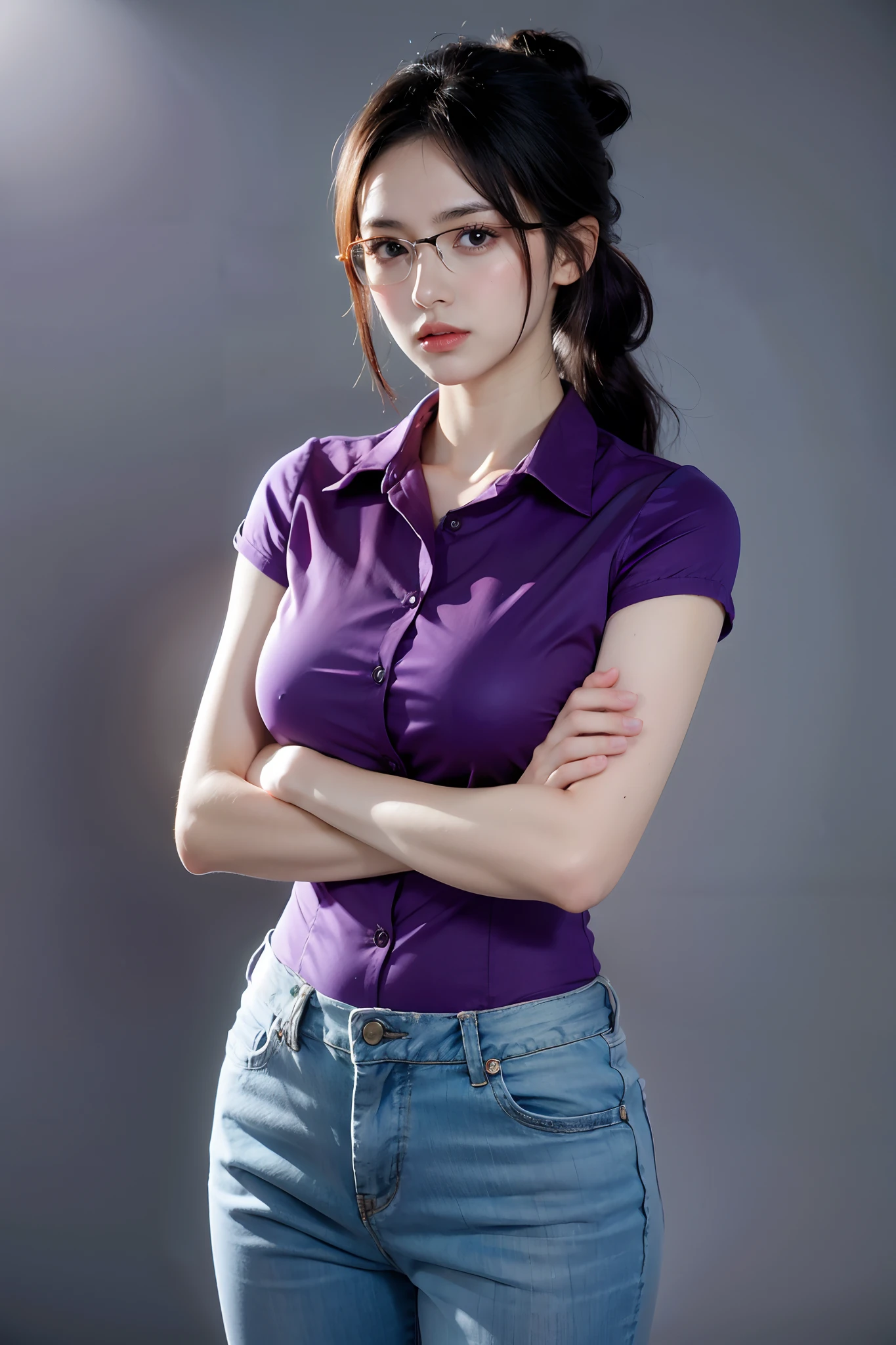 1girl, white face, straight hair, black and grey gradation background, (perfect hands, perfect anatomy), (adjusting eyewear:1.2), masterpiece, best quality, tashigi, black eyes, folded ponytail, eyewear on head, coat on shoulders, purple shirt, blue pants, cowboy shot, looking at viewer, crossed arms, large breasts, from above, serious,