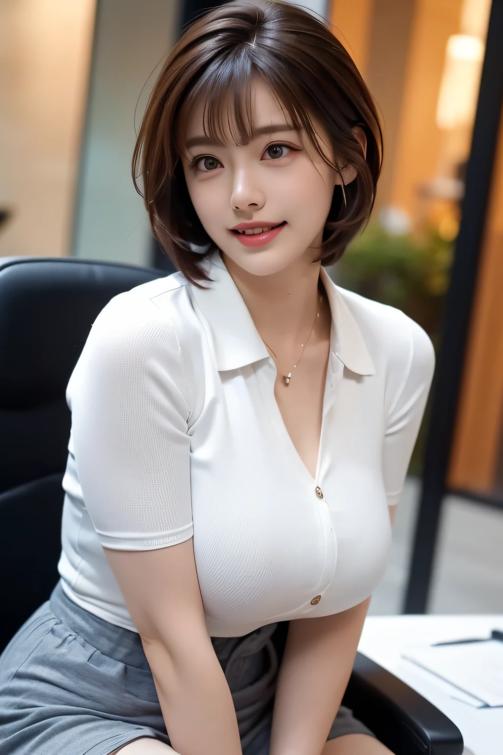 Highest quality, masterpiece, Ultra-high resolution, (Realistic:1.4), Beautiful woman, ((Big Breasts:1.3)), (((Short Bob))), (((Red Ash))), Beautiful Skin, Fine skin, 魅惑的なsmile, Background blur, smile, Hair over the ears, beautiful girl, Fair skin, Voluptuous, Plump body, (((Office Lady、OL、Office Ladyー、formal clothes,ネイビーknit、ハイネックknit)))、(((Horseshoe shaped hair band)))、formal ,bright colored panties,High heels、(((whole body,Includes legs)))、Dress up、(Photo realistic:1.4)、(Surreal:1.4)、(Realistic:1.3)、 (Gentle lighting: 1.05)、(Improve the lighting quality of your videos:0.9)、32k、 One girl、24-year-old woman、Photorealistic Lighting、Backlight、Facial Light、Ray-tracing、(bright:1.2)、(Improvement of quality:1.4)、 (Highest qualityのリアルテクスチャスキン)、Beautiful Eyes,Delicate and elegant features, Face close-up, knit,非常にタイトなknit ,ハイネックknit,ノースリーブknit,ノースリーブknit,((knit [シースルーknit:1.5], {Nipples are prominent,Covered nipples})),Pencil Skirt ,Tight Skirt, (Improve your body line mood:1.1)、Shiny skin、Wavy Hair,Idol、乃木坂Idol、彫刻的なIdolポーズ、小さなsmile,blush,Beautiful actress、A proper woman,whole body,(Perfect teeth alignment),narrow waist and hips,Beautiful long leg shot)、((8 heads)、(((Tempting、Embarrassing)))、Dynamic pose,Sculpture Pose,(Very beautiful night view、at night、blush,小さなsmile,(((Full Shot)))、Spread your legs a little、Sit at a desk,(((A luxurious office at night))),Natural Makeup