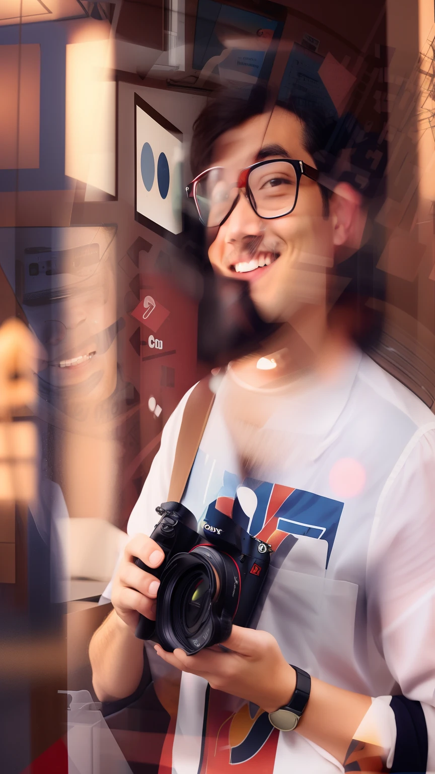 Smiling man holding a sony camera inside an office
