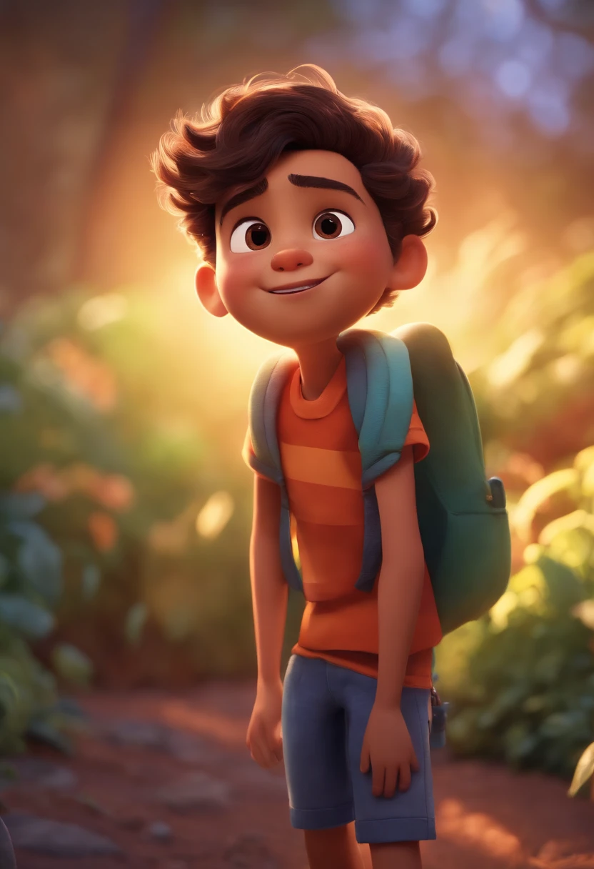 Image of a boy for a story in a YouTube video in Pixar format, He's the little allabester, He's the class leader, He's outgoing, Playful and gets up for a lot of things, cabelo curto