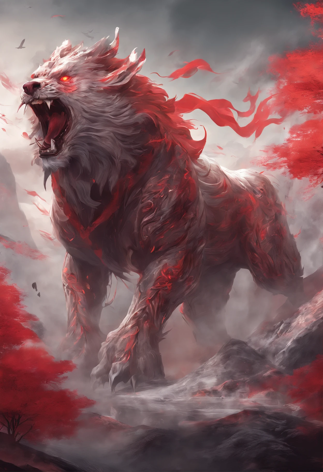 China-style，Chinese mythology，drak，tosen，Fierce，gargantuan，Very long canine teeth, The eyes glow red，glowing effect，High hills，Cloud fog，is in night，中景 the scene is，Whole body as， highly detailed surreal vfx，OC Render， - AR 16:9 --q 2 --s 1000