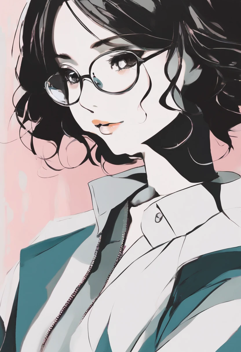 (femele),(short-hair),(small mouth),Black Round Clear Glass Glasses、Eyes narrow and small、profile、Beautie、35 year old、