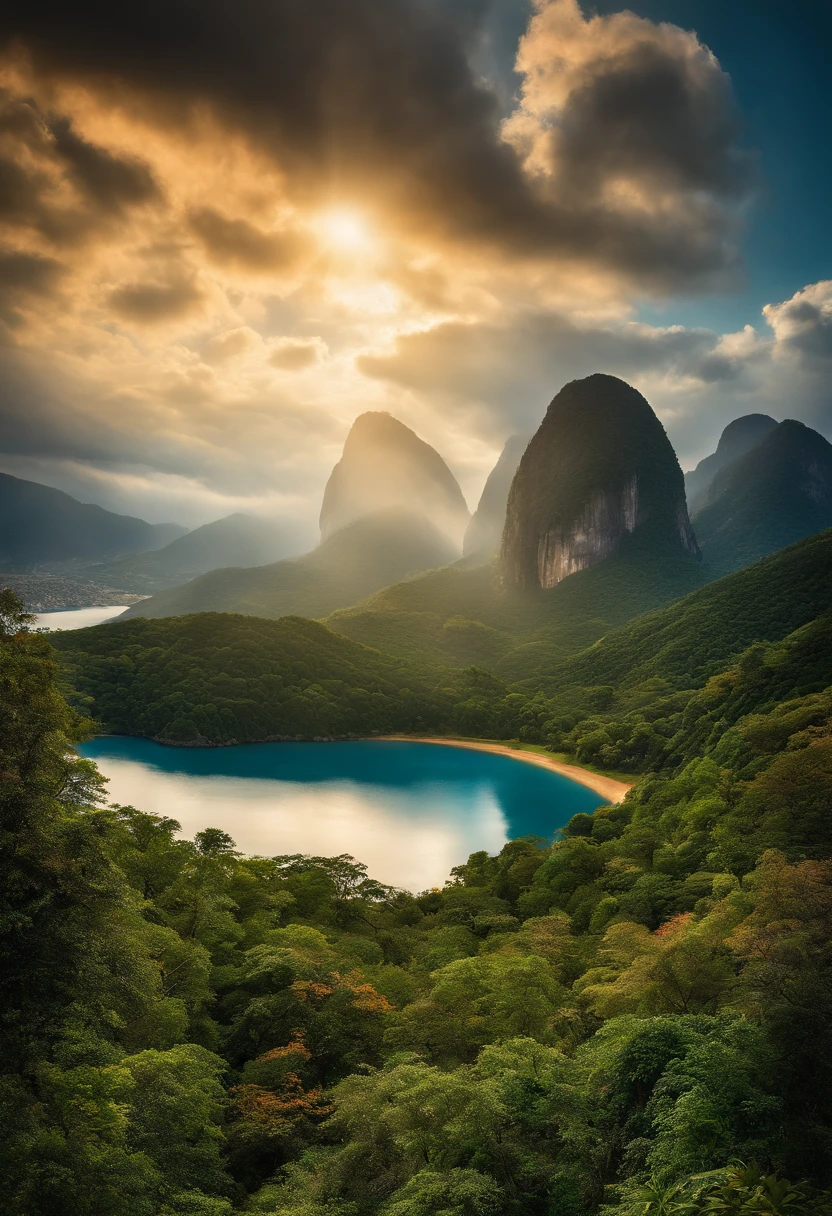 master part, best quality, alta qualidade, extremamente detalhado CG unidade 8k papel de parede, Landscape, ao ar livre, heaven, Cloud, heaven, Sem humanos, montanha, Landscape, water, tree, blue skies, waterfall, penhasco, Natureza, lago, Rio , Cloudy skies, fotografia premiada, Bokeh, profundidade de campo, HDR, florescer, chromatic aberration, fotorrealismo, Very detailed, trending on ArtStation, trending in cgsociety, intrincado, High detail, Dramatic, Arte no meio da jornada