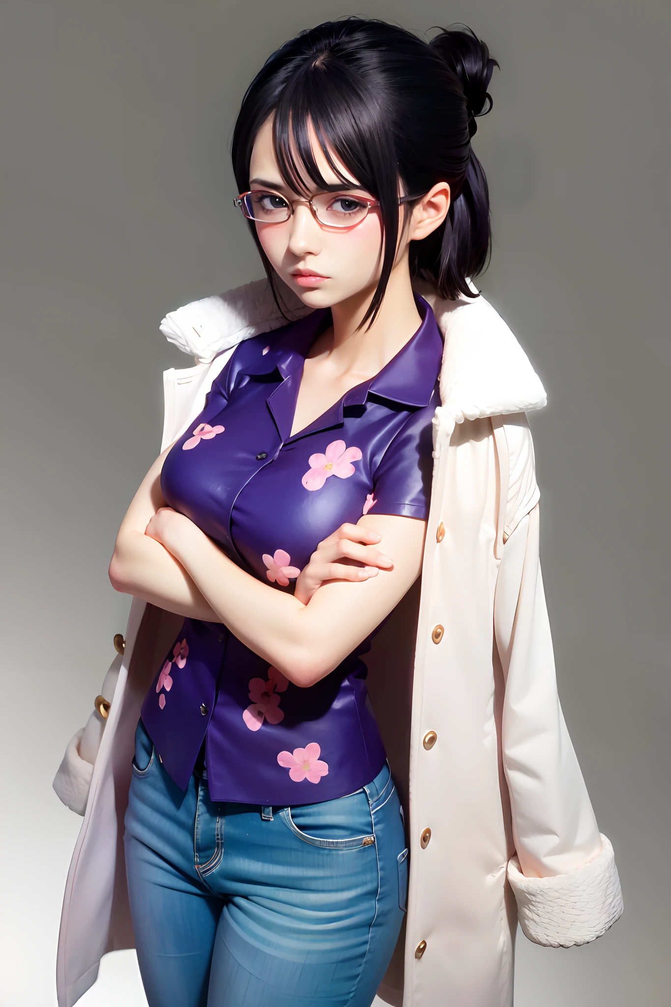 1girl, white face, straight hair, white background, (perfect hands, perfect anatomy), (adjusting eyewear:1.2), masterpiece, best quality, tashigi, black eyes, folded ponytail, eyewear on head, coat on shoulders, purple shirt, blue pants, cowboy shot, looking at viewer, crossed arms, large breasts, from above, serious,