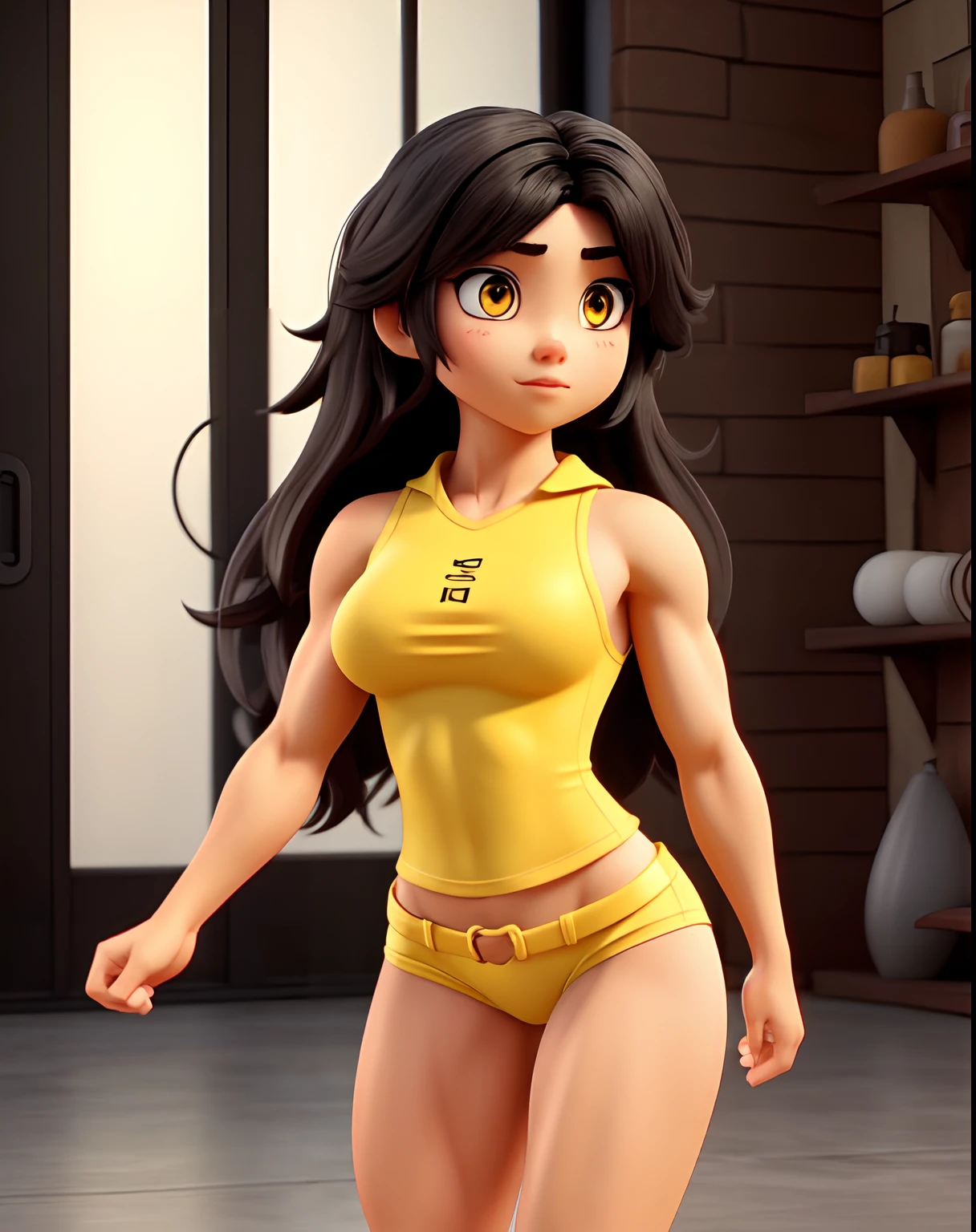 muscular woman black hair yellow eyes pale skin