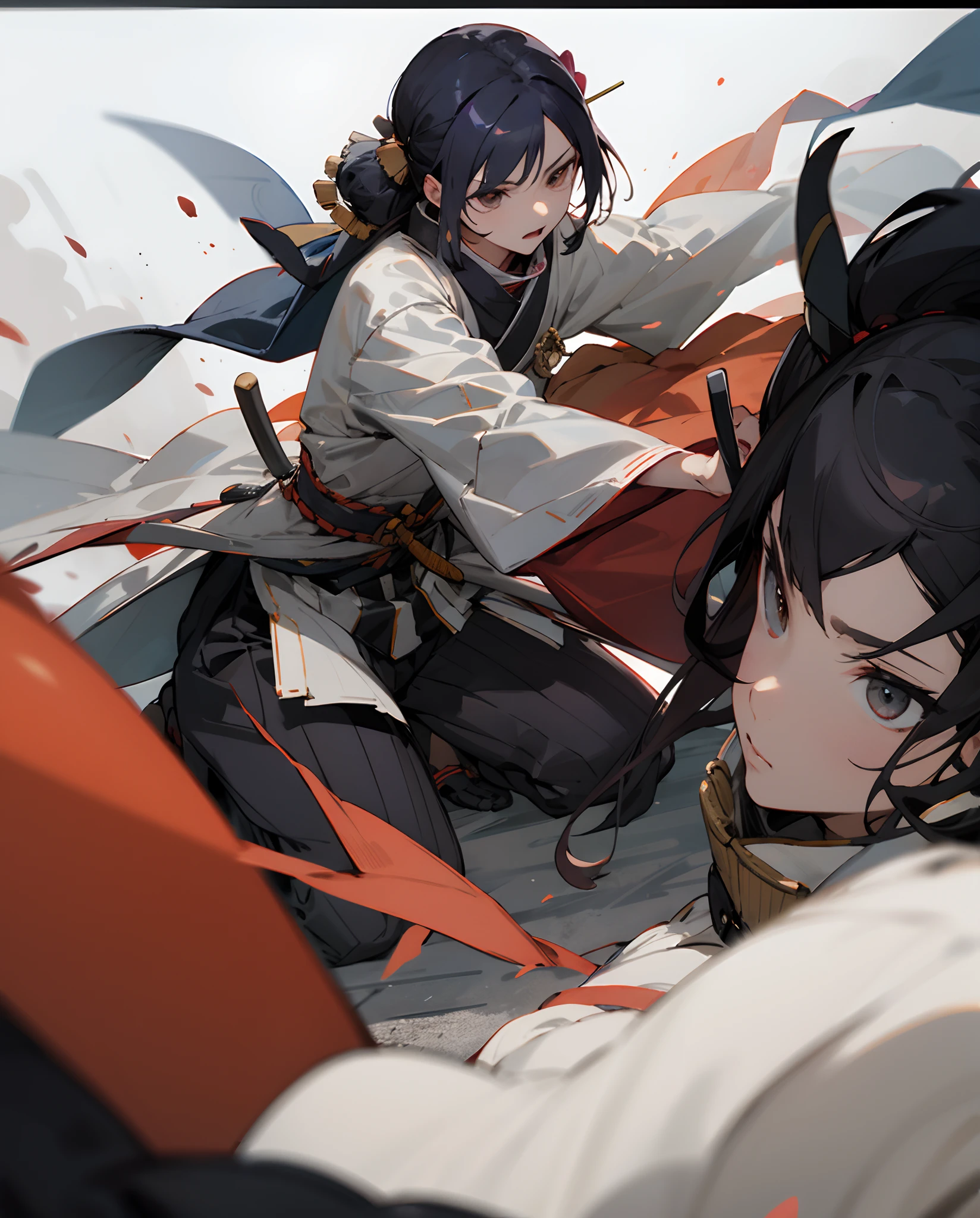 Create an AI illustration of a young girl, (black short hair), red eyes, a deer antler headband.samurai,samurai_aromr,holding Japanese sword,frontal face,head shot,head shot, shoot from above,expressionless,detailed skin, She wears armor while pairing it with a miniskirt, showcasing her unique style. Please draw this illustration in the highest quality possibl, large-scale artwork features a winter waterfall, a white torii gate, and 100 meticulously painted white foxes, generated in a photo-realistic 4DCG art style and photographed in a bird’s eye view from above the torii gate.
