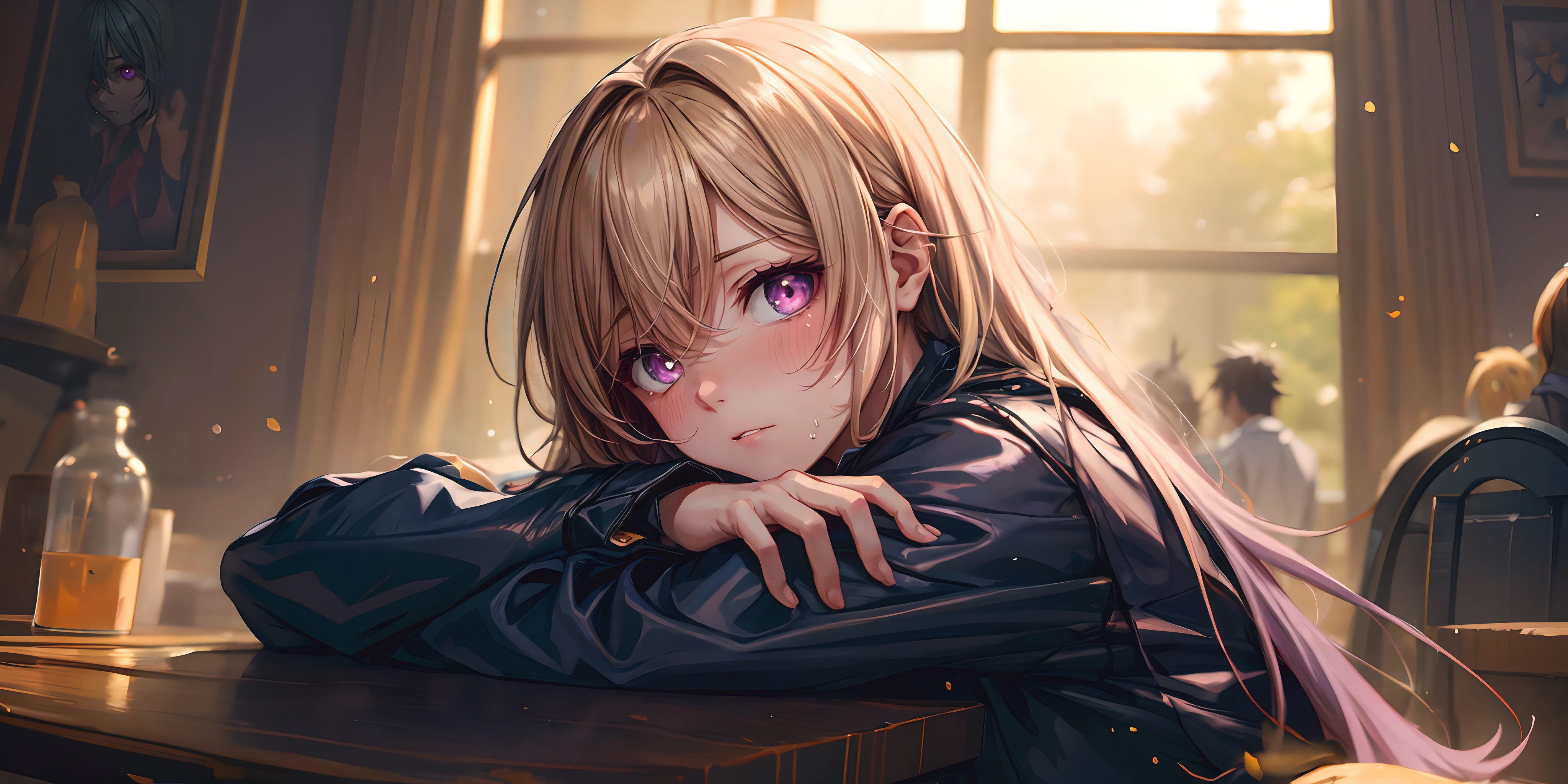 nakiri erina, long hair, blonde hair, sweating, glowing eyes, heavy breathing, breasts, 1girl, solo, looking_at_viewer, sitting, indoors, skirt, night, long_sleeves, ass, medium_breasts, jewelry, thighs, dutch_angle, pantyhose, chair, window, leaning_forward, large_breasts, blush, "Photorealistic, Hyperrealistic, Hyperdetailed, analog style, soft lighting, subsurface scattering, realistic, heavy shadow, masterpiece, best quality, ultra realistic, 8k, golden ratio, Intricate, High Detail, film photography, soft focus", sweating, steaming body, fog, (anime coloring, anime screencap:1.5)