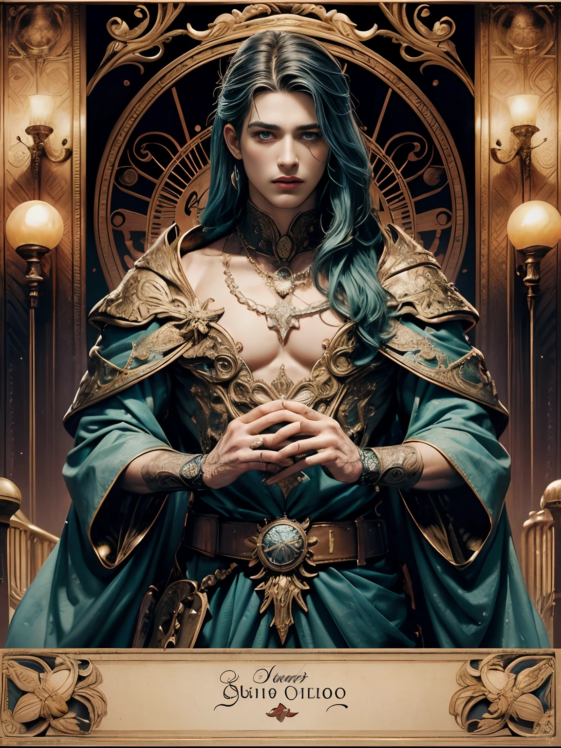Tarot cards,Full Tarot Border,(The image is surrounded by a tarot card style border:1.8)(melhor qualidade de imagens),(extremely detailed description),Arte Oficial, Unity 8k papel de parede, ultra-detalhado, Beautiful and aesthetically pleasing, tmasterpiece, melhor qualidade, 1 piece of medieval armor, extremamente detalhado, dinamic angle, cowboy shot, As mais belas formas de caos, Fauvistadesign, cores vivas, Romantismo lain, Seafoam, Buble, homem forte,estilo vintage,(Zentangle,Datura,Emaranhados,Tangled),raios sagrados,folha de ouro,arte da folha de ouro,desenho de glitter, Man drawn on Prince of Hearts graphic, ((arcano)), tragic beauty: Vivid blue eyes crying tears that were the same color as the blood that stained the corner of his grumpy mouth, Lips twisted in a perfect debauchery that must feel cold, duro e afiado, But there was a hint of softness in her slightly fuller upper lip, que fazia um biquinho, parecendo um convite mortal.