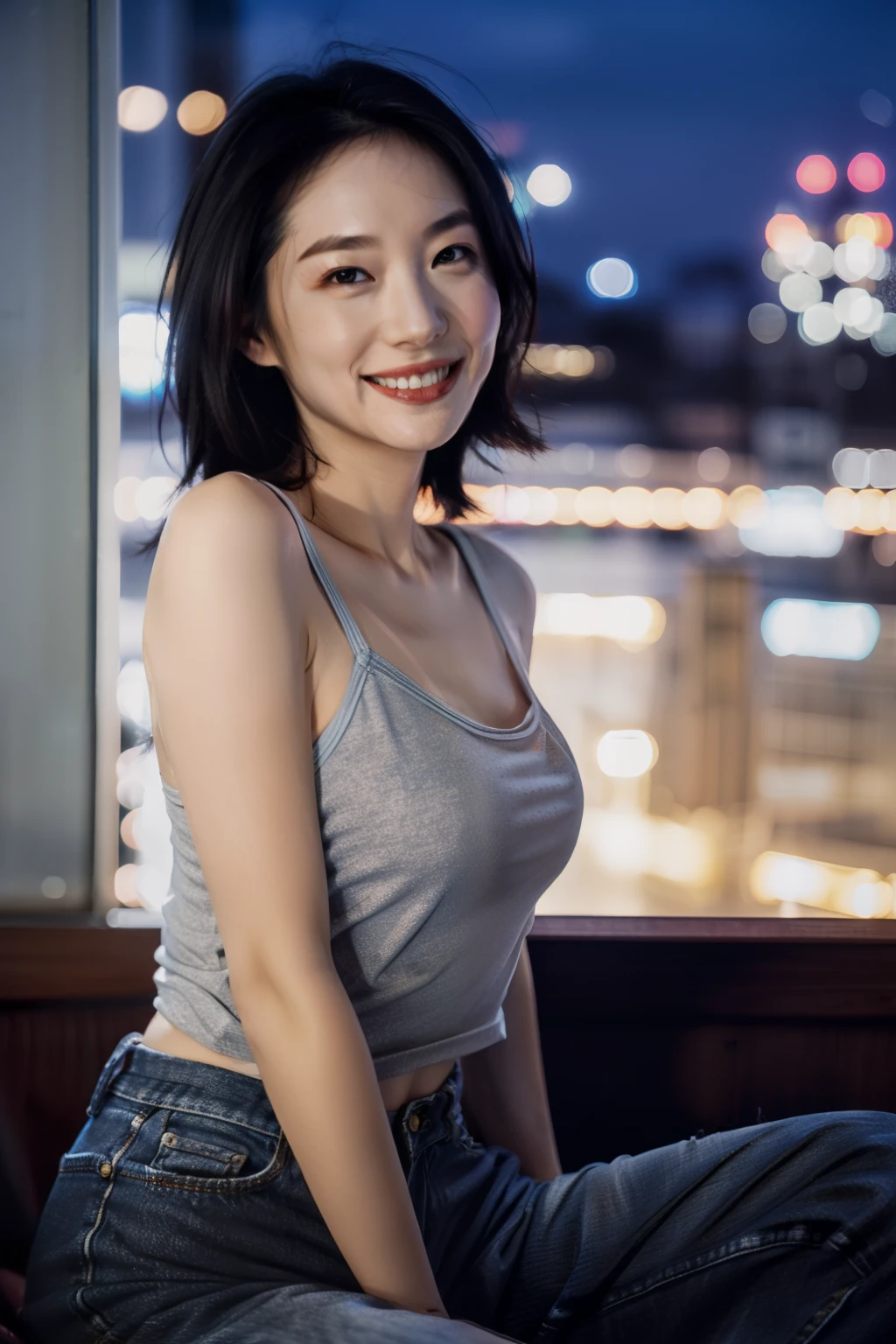 Blurred cityscape, summer、 Black Hair, Beautiful half-Filipino woman、summerらしく, short,Masterpiece、smile