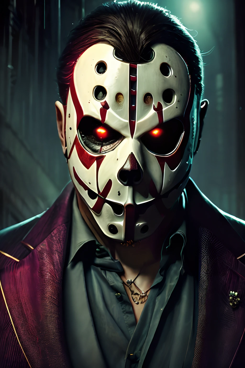 (best quality,highres,ultra-detailed,realistic:1.2),a high-resolution, ultra-detailed realistic masterpiece:1.37) portrait,Jason Voorhees with extravagant jewelry and a luxurious suit,horror,sharp focus,vivid colors,studio lighting,an eerie, atmospheric scene,moody,psychedelic color palette,evocative lighting effects,a sense of mystery,dark shadows,sinister atmosphere,a hauntingly beautiful exploration of fear,blood splatters,disturbing and captivating,haunting background,ominous presence,dramatic and intense,gore,fear-inducing,macabre,lush and vibrant colors