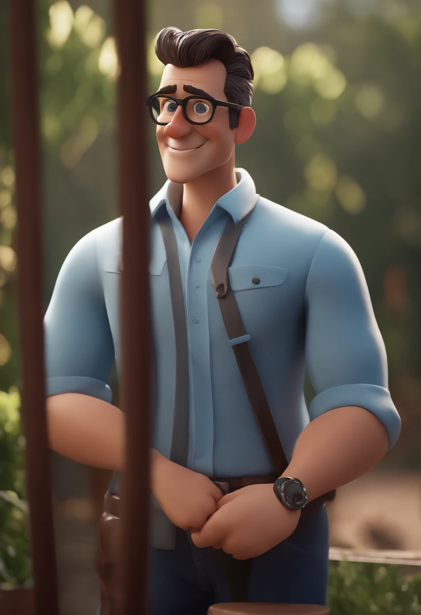 Cartoon character of a man with black glasses and a blue shirt, animation character, Caractere estilizado, animation style rendering, 3D estilizado, Arnold Maya render, 3 d render stylized, toon render keyshot, Personagem 3D, Personagem 3D, 3d rendering stylized, 3 d character render, personagem de desenho animado, Personagem de close up, Pose de personagem,  (Estilo Pixar) (master part:1.2) (Bokeh) (best quality) (pele detalhada) (textura detalhada) (8k) (argila) (Cinematic lighting) (foco nítido
