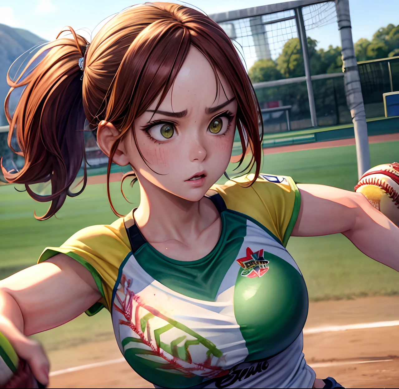 Masterpiece, (watercolor:1.3), (short stack:1.1), forward facing, eyes on camera, serious expression, (action shot:1.4) , (upper body strength:1.3), contrapposto (tattoo:1), softball pitcher, auburn hair, green eyes, (string bikini:1), pitching a softball at viewer, (focus on softball in foreground:1.4), sunny, natural lighting, High definition, excellent resolution, excellent quality, insane detail, semi realistic, postprocessed, crisp face, facial features, extremely detailed, facial features