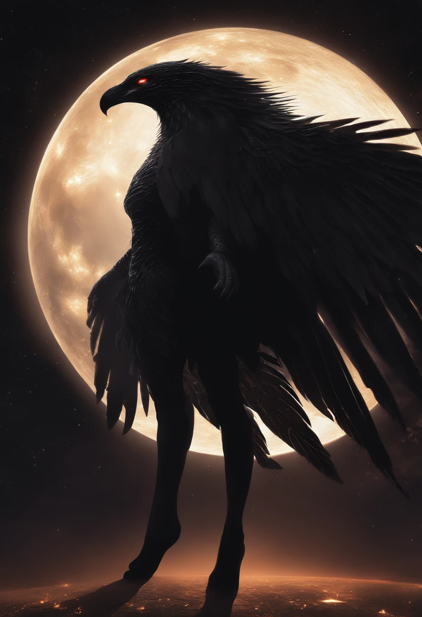 Female comsic creature, glowing light white eyes, eerie, Creepy, nightmarish, demonic broken wings, black silhouette, emitting dark energy, floating in outer space, full-body, Mshiff, wallpaper art, UHD wallpaper